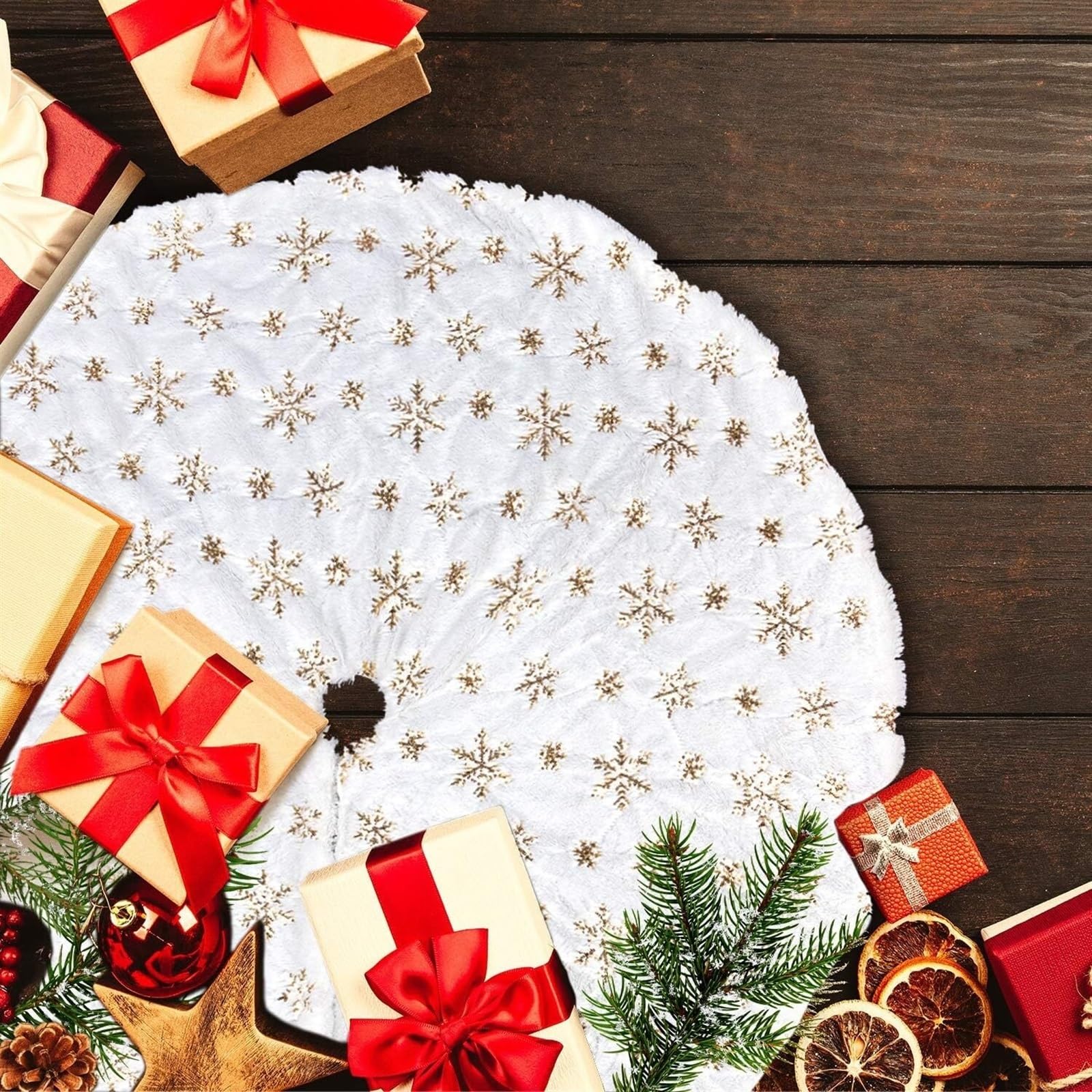 Tapis de Sapin de Noel Jupe d'arbre De Noël en Fausse Fourrure 48 Pouces, Blanche Enneigée pour Décorations Réutilisables Couvre-Pied d'arbre