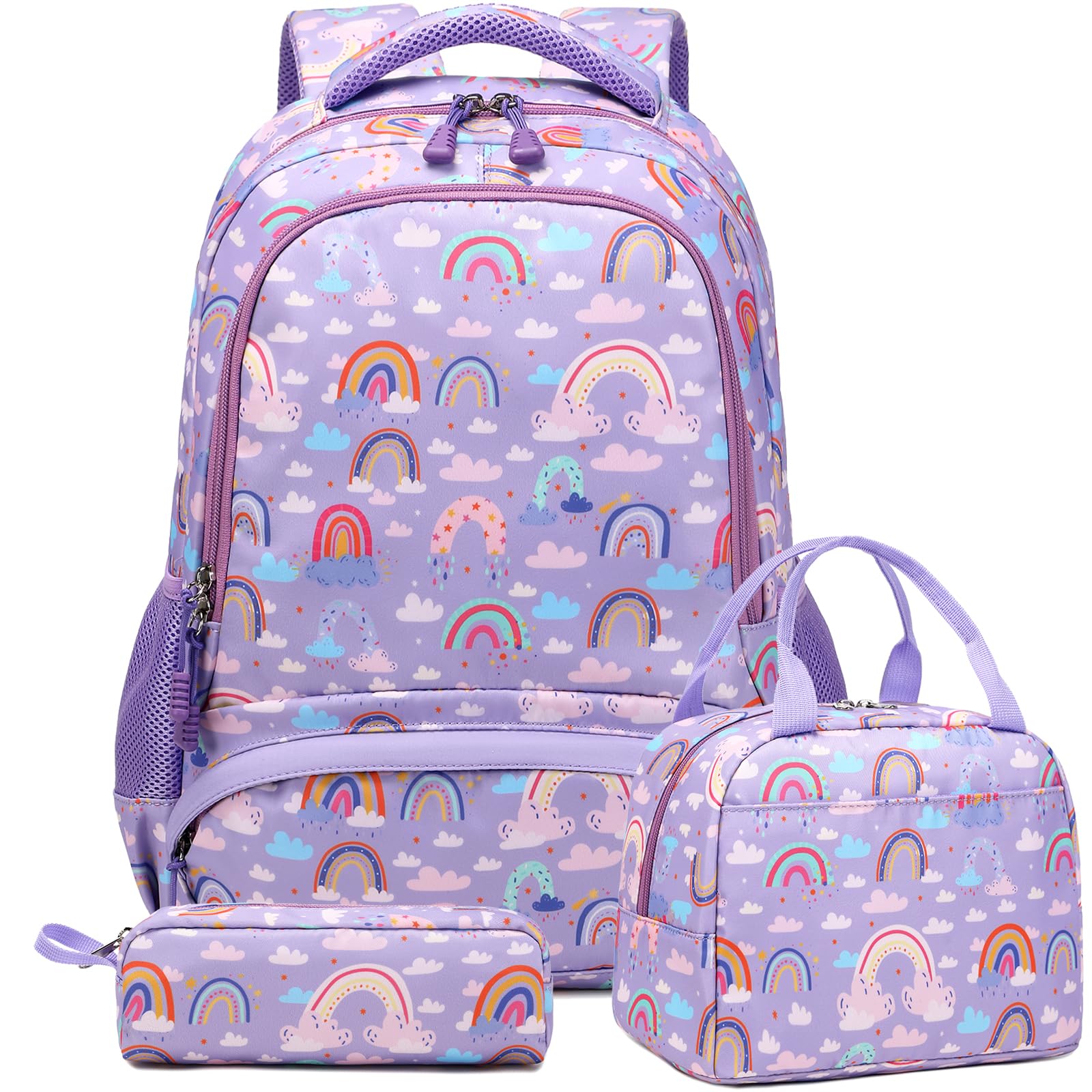 Kimwadalh Mochila Arcoiris Niña Mochila Primaria Escolar Niñas Set de Mochila Colores Niña,Mochila Infantil + Bolsa de almuerzo + Estuche,para Escuela,Viajes