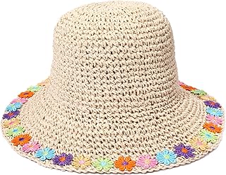 vokone Sun Hat Womens Embroidered Flower Trim Straw Bucket Sun Hat Packable Floppy Summer Beach Hat Travel Accessories (Beige)
