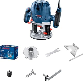 Bosch Professional: frezarka górnowrzecionowa GOF 130 (prowadnica równoległa, bolec kopiujący, adapter do odsysania pyłu, trzpień centrujący, rolka prowadząca, 2 zaciski mocujące)