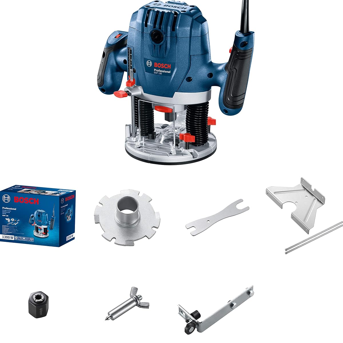 Bosch Professional: frezarka górnowrzecionowa GOF 130 (prowadnica równoległa, bolec kopiujący, adapter do odsysania pyłu, trzpień centrujący, rolka prowadząca, 2 zaciski mocujące)