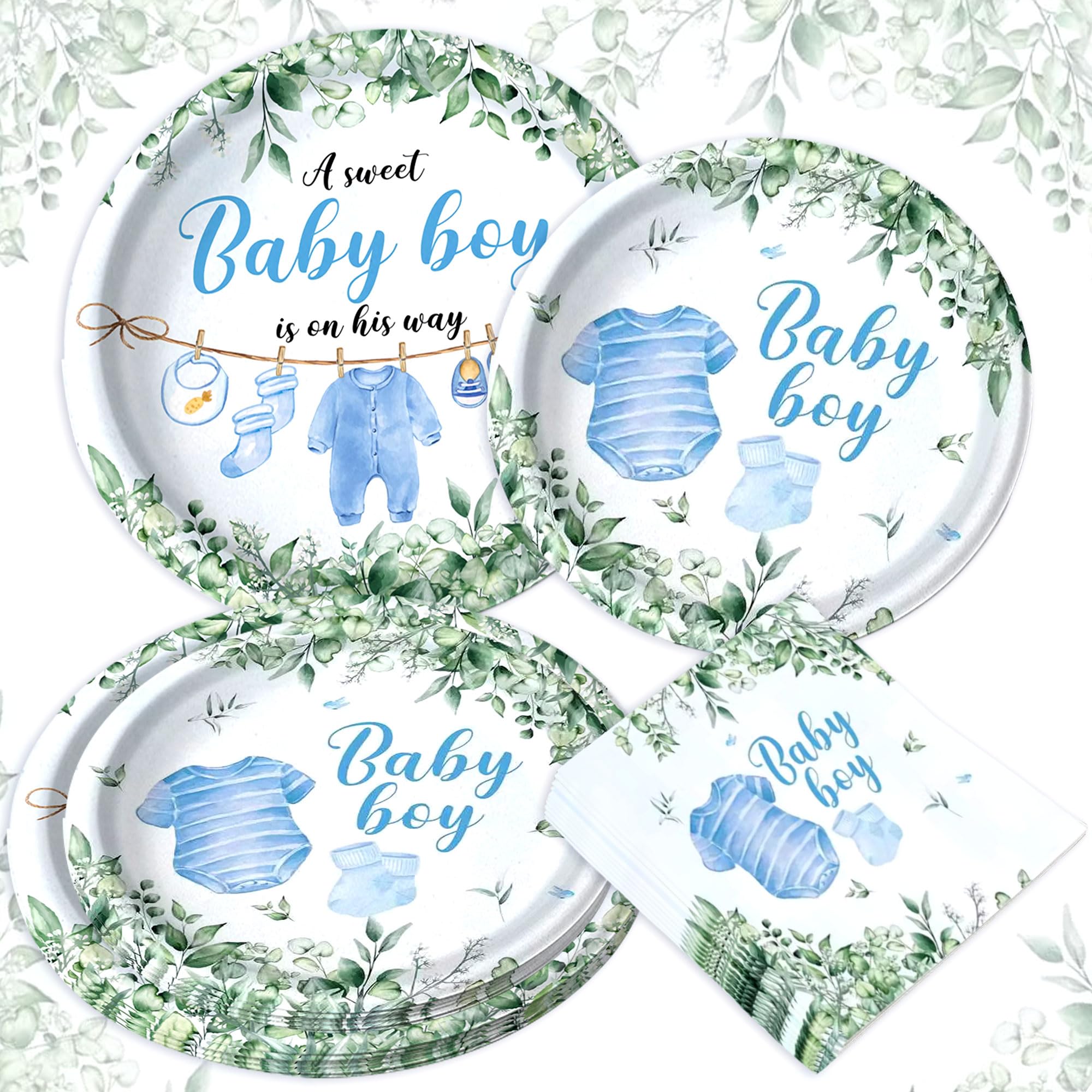 BACH AND BOUJEE Greenery Baby Shower Plates Napkins Blue Baby Boy Party Tableware Dinnerware A Sweet Boy is On His Way Paper Plates for Gender Reveal Party Supplies Serve 20 Guests