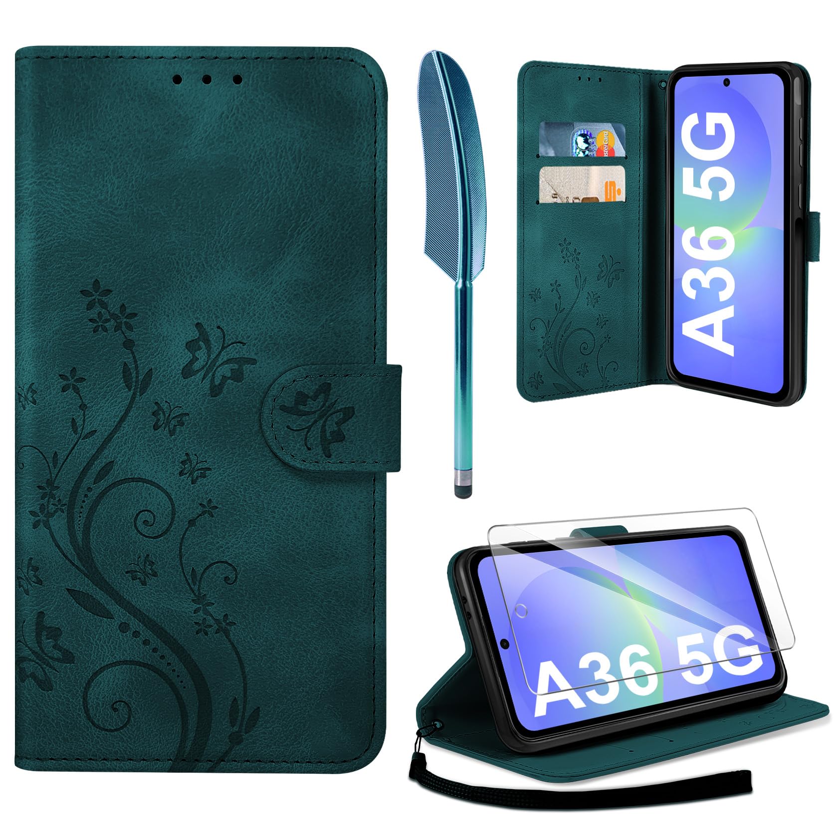 AROYI Lederhülle Kompatibel mit Samsung Galaxy A37 5G Hülle und Schutzfolie, Flip Wallet Handyhülle PU Leder Case Kartensteckplätzen Schutzhülle Kompatibel mit Samsung Galaxy A37 5G Dunkel Blau