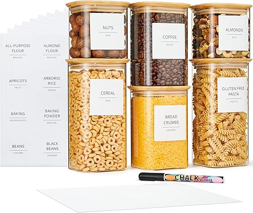 Talented Kitchen Contenedores cuadrados de vidrio para almacenamiento de alimentos, herméticos y etiquetados, recipientes de almacenamiento de