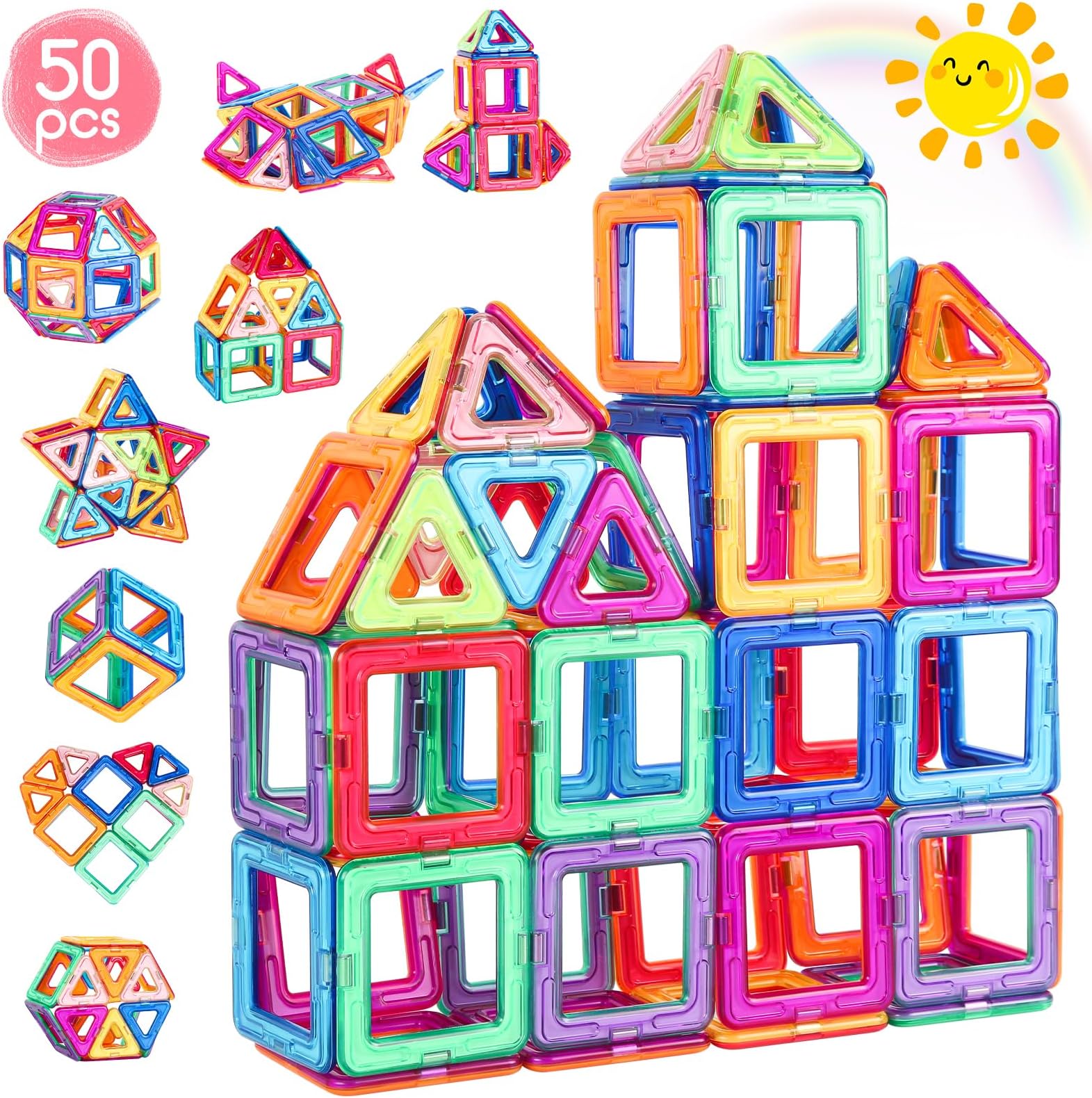 Magnetic Tiles for Kids 50PCS Magnetic Building Blocks 3D Toys Building Construction STEM Educational Toys for Toddler Boys Girls Age 3 4 5 6 7 8 Years Old