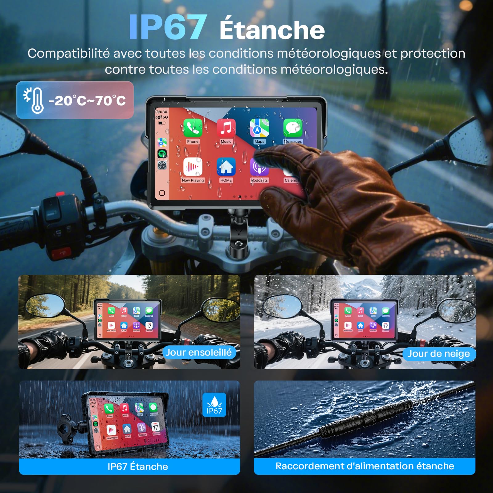 WonVon CarPlay 7 Pouces Système de Navigation GPS pour Moto avec Apple CarPlay et Android Auto écran Portable avec Double Bluetooth, Navigation, Siri, Google Assistant Support magnétique