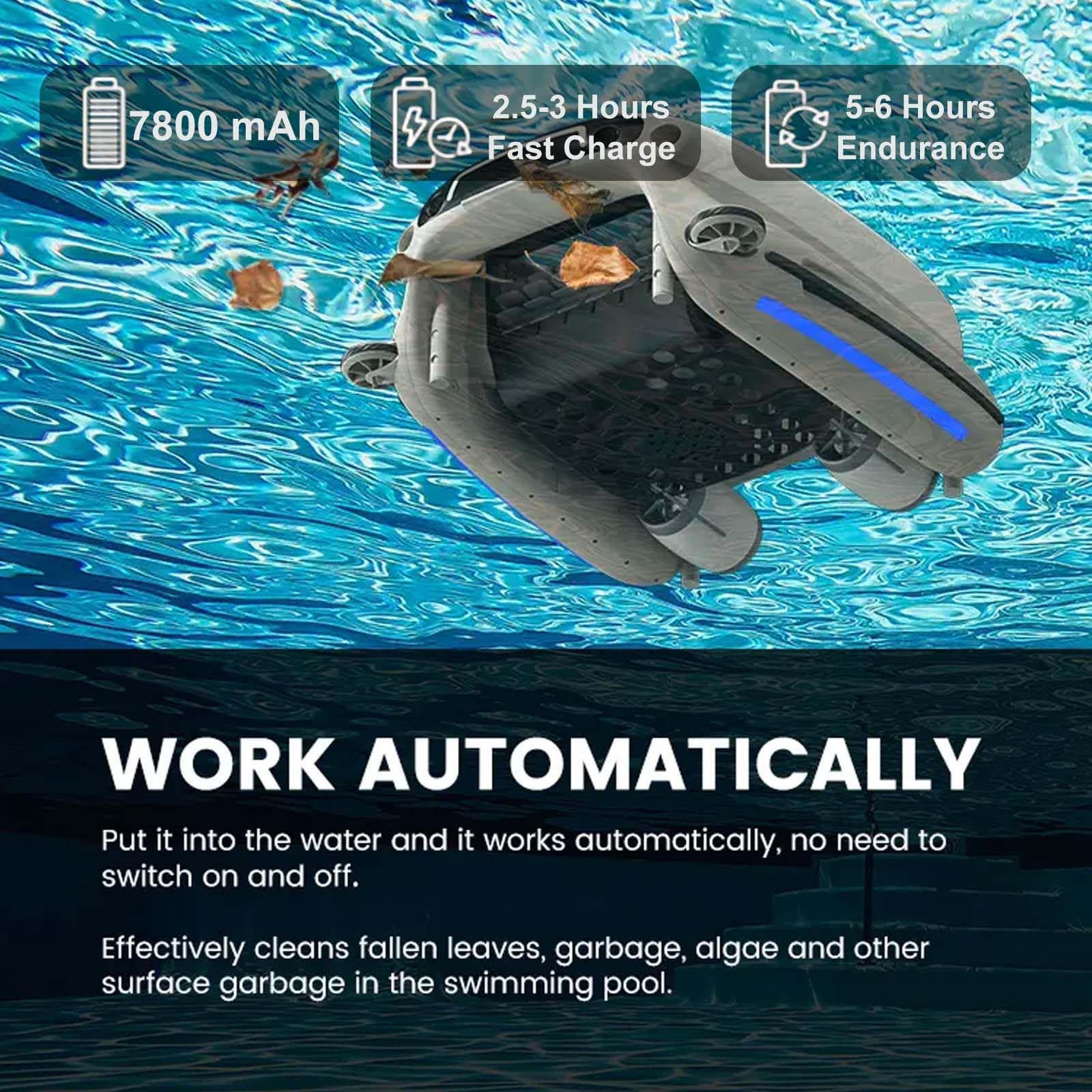 Pulitore A Skimmer Galleggiante per Piscine Fuori Terra/Interrate, Aspirapolvere Automatico per Piscine con Ricarica, con Cestino da 10 Litri