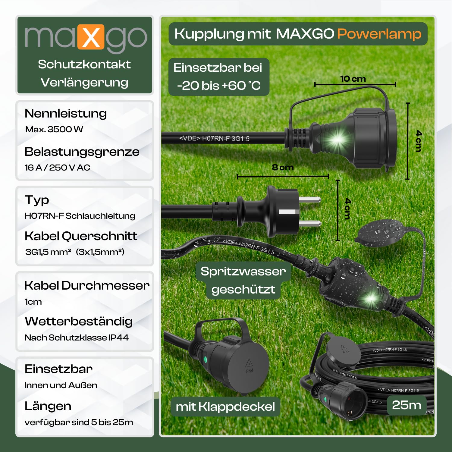 maxgo Outdoor Verlängerungskabel Außen Schuko Verlängerung Rasenmäher Kabel Stromkabel Außenbereich Extension Cable Verlaengerungskabel Garten Kabelverlängerung Elektrokabel Schukostecker, Größe:25m