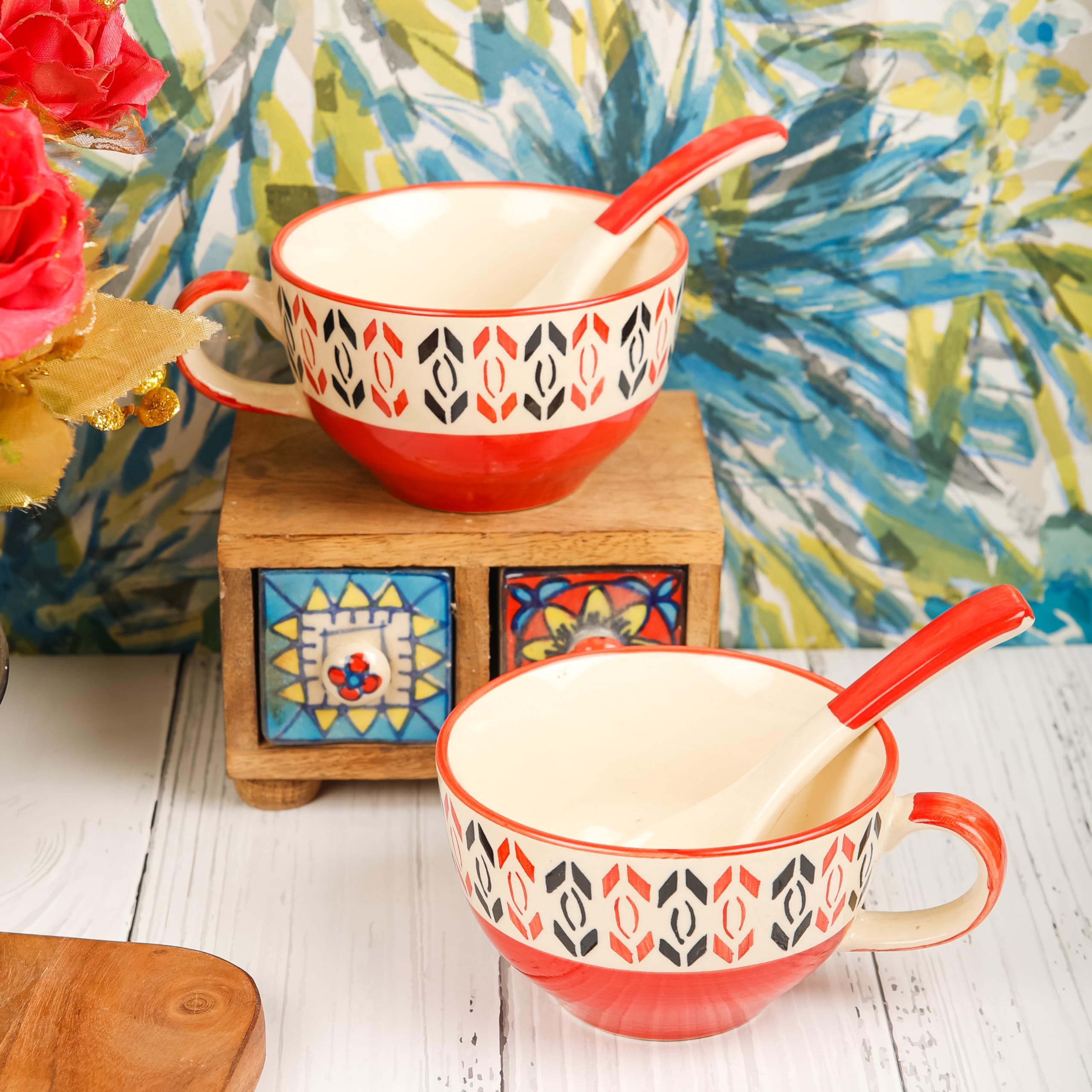 HS Hindustani SAUDAGR Crimson Red Ceramic Bowl Set of 2 Soup Bowl with Handle & Spoon Microwave Safe Bowls katori Ideal for Snacks Rice dal Desserts and Gifting.