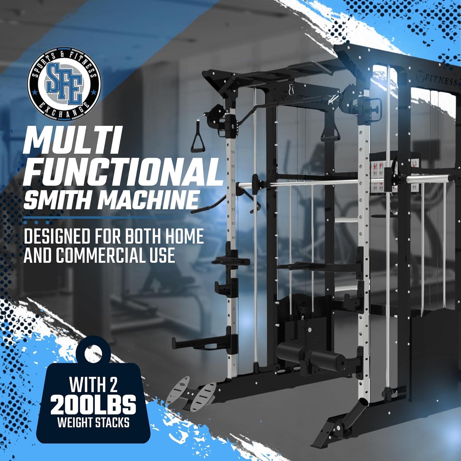 SFE - Multi Functional Trainer/Smith Machine, Smith Machine Home Gym, Smith Machine Squat Rack with 2 200lb Weight Stacks, 68''L x 82''W x 91''H
