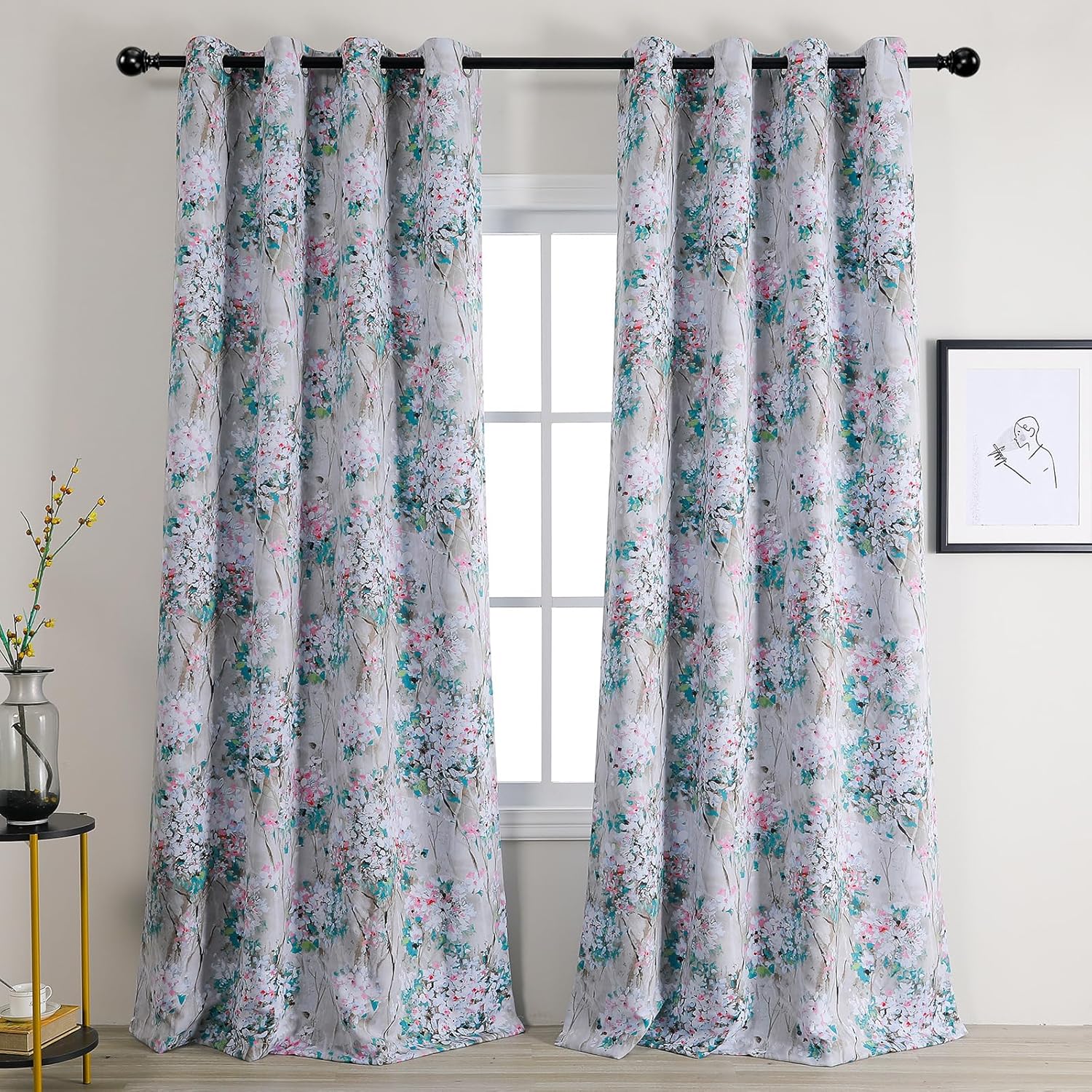 MYSKY HOME Floral Blackout Living Room Curtains 90 inches Long 2 Panels Thermal Insulated Vintage Drapes for Bedroom Printed Window Treatment Grommet 2 Panels, Pink and Green