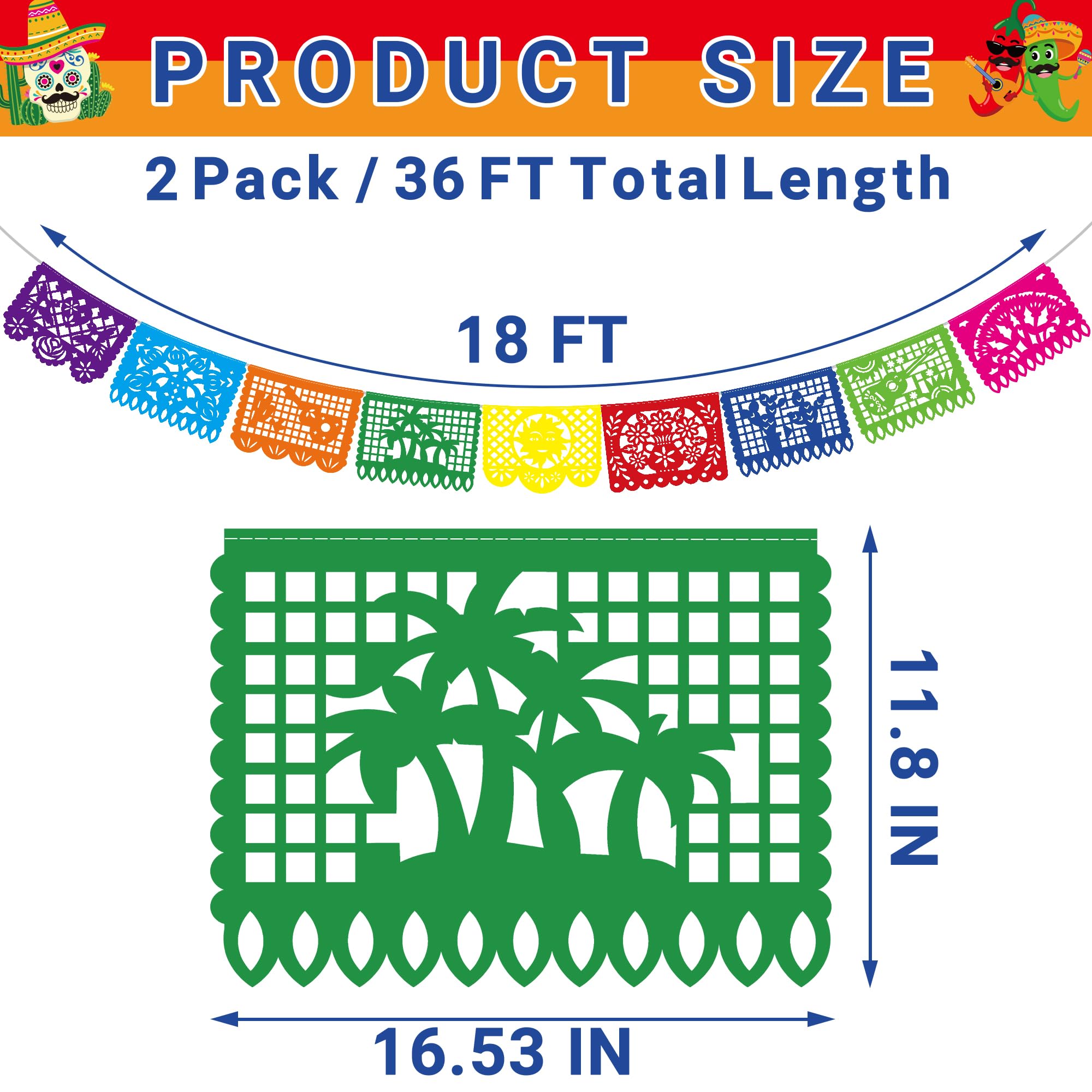 36 FT Cinco De Mayo Decorations, 2 Pack Mexican Party Banner, Plastic Fiesta Banner Colorful Papel Picado Hanging Banner String Flags Mexican Theme Party Dia De Los Muertos Day of the Dead Decor