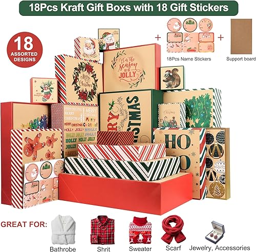 Miniatura 4 de POPGIFTU Juego de cajas de regalo de Navidad Kraft con tapas, 18 tamaños surtidos para envolver vacaciones, incluye 18 etiquetas de regalo (4