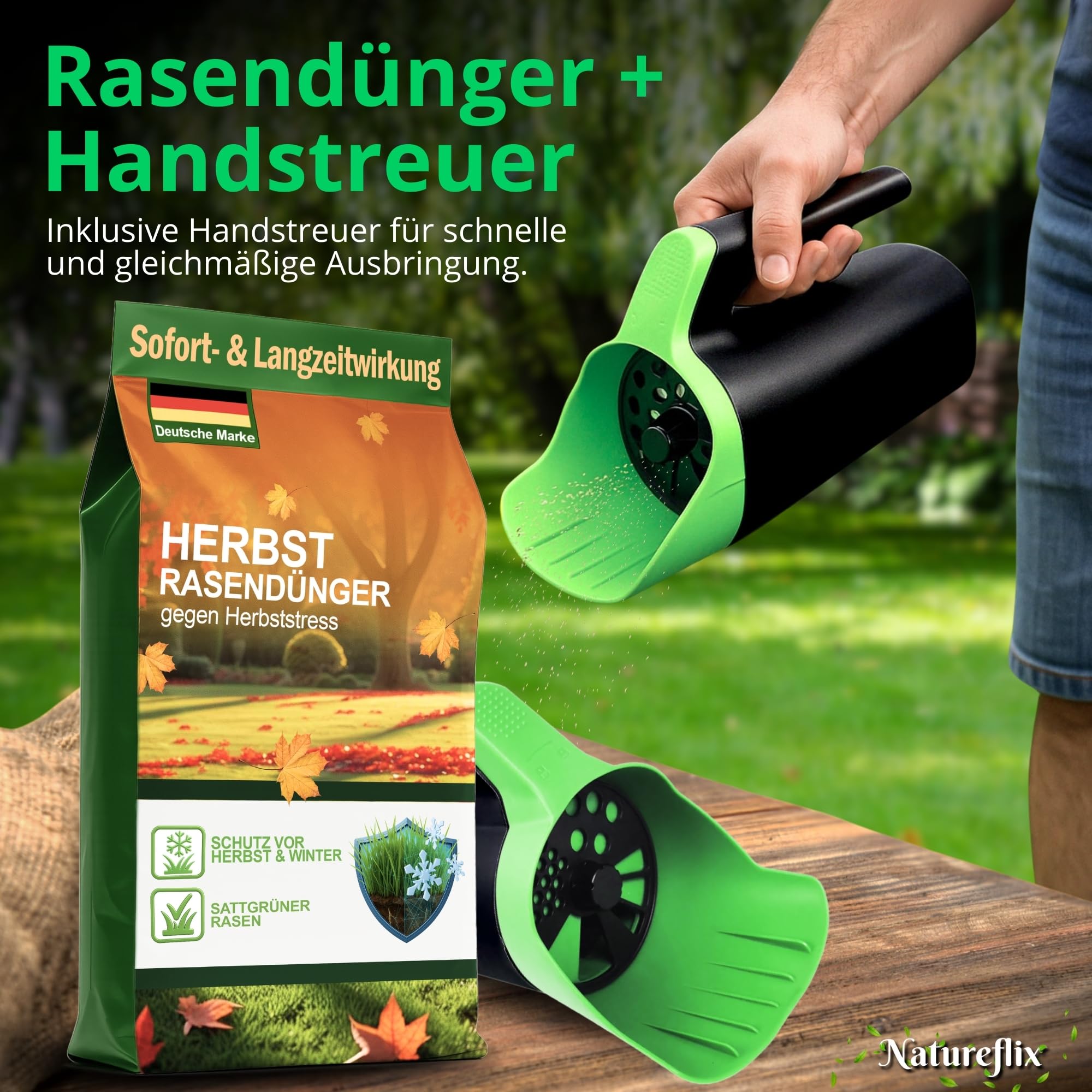 Herbstdünger Rasen + GRATIS HANDSTREUER | Herbstrasendünger staubarm | mit Winterschutz | Körnung 2–5 mm | Rasendünger Herbst ist Kind- & tierfreundlich (10kg für 500m²)
