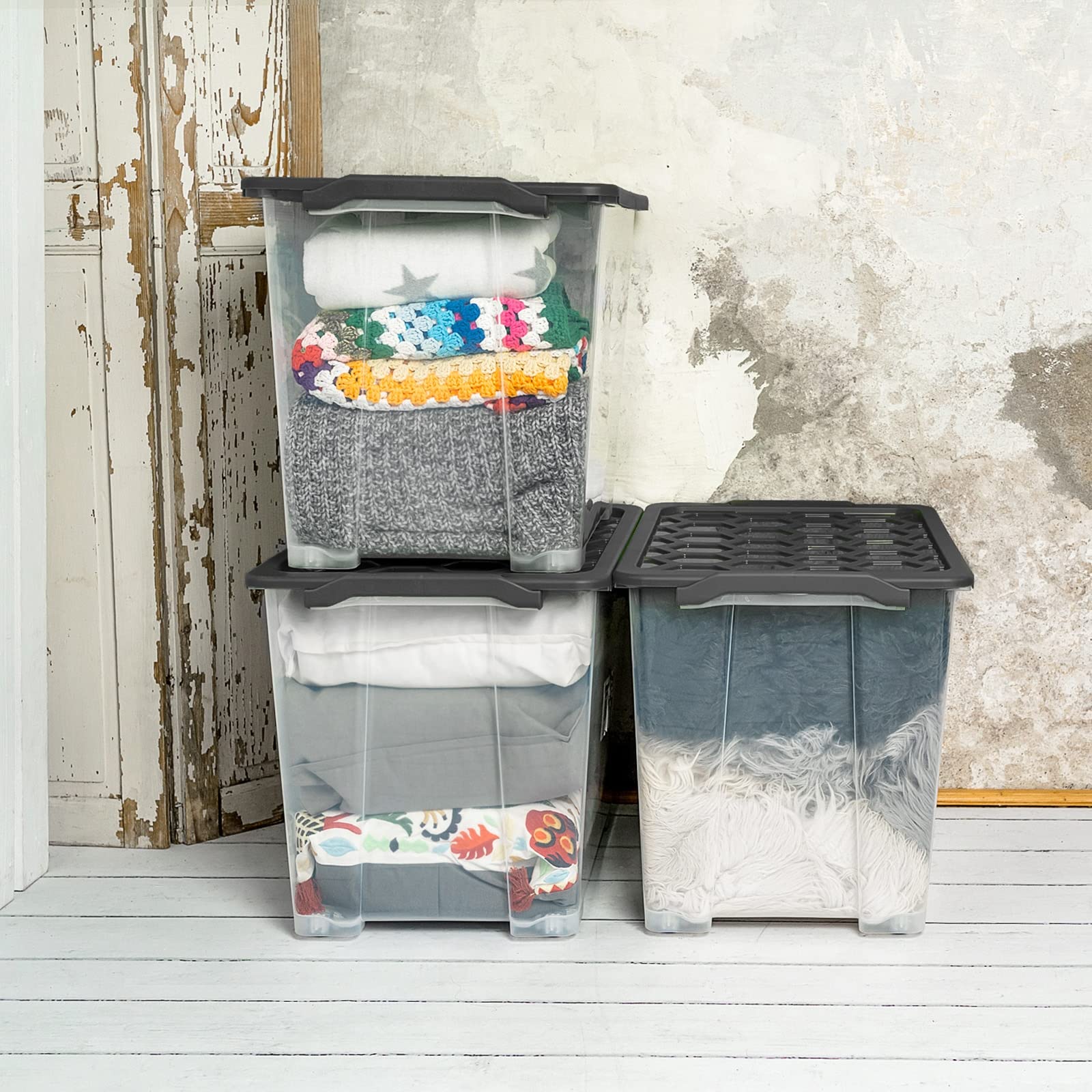 Rotho Evo Safe 3er-Set Aufbewahrungsbox mit Deckel 65 L Rollen Anthrazit