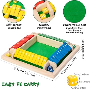 Board Game, Box Dice Game, Wooden Board Game with Dice, 1-4 Player Shut the Box Dice Game Math Skills Educational Montessori Toy, for Families Education Game for Kids