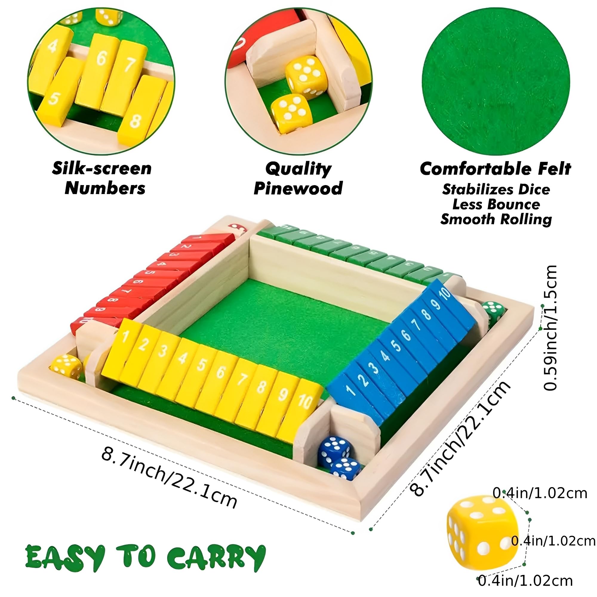 DADI IN LEGNO Gioco da Tavolo Chiudi La Scatola per 4 Giocatori Flaps & Dadi Gioco Parent-chi EUR 6,15 - IT