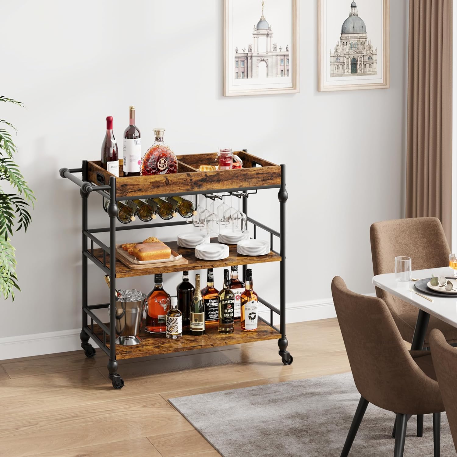 GAOMON Bar Cart, 3 Tier Bar Cart with Wheels, Rolling Cart with Wine Rack and Glasses Holder, Industrial Serving Cart with Removable Tray for Kitchen, Living Room, Dining Room - Rustic Brown