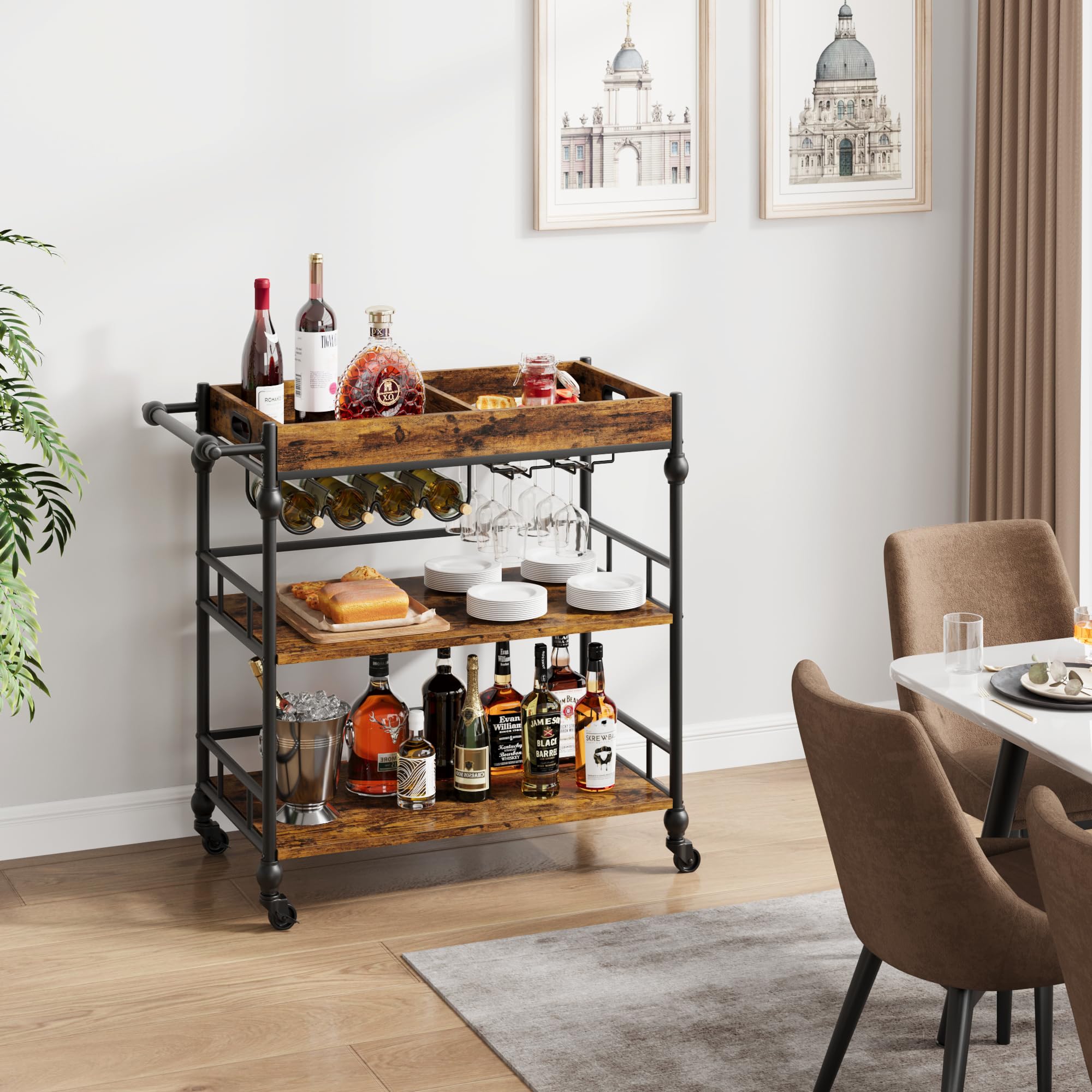 Garvee Carrito de Bar rodante de 3 Niveles – Estante móvil de Madera y Metal para Cocina, Sala o Comedor – con portabotellas y portavasos – Diseño Elegante y Funcional – 90x40x87 cm