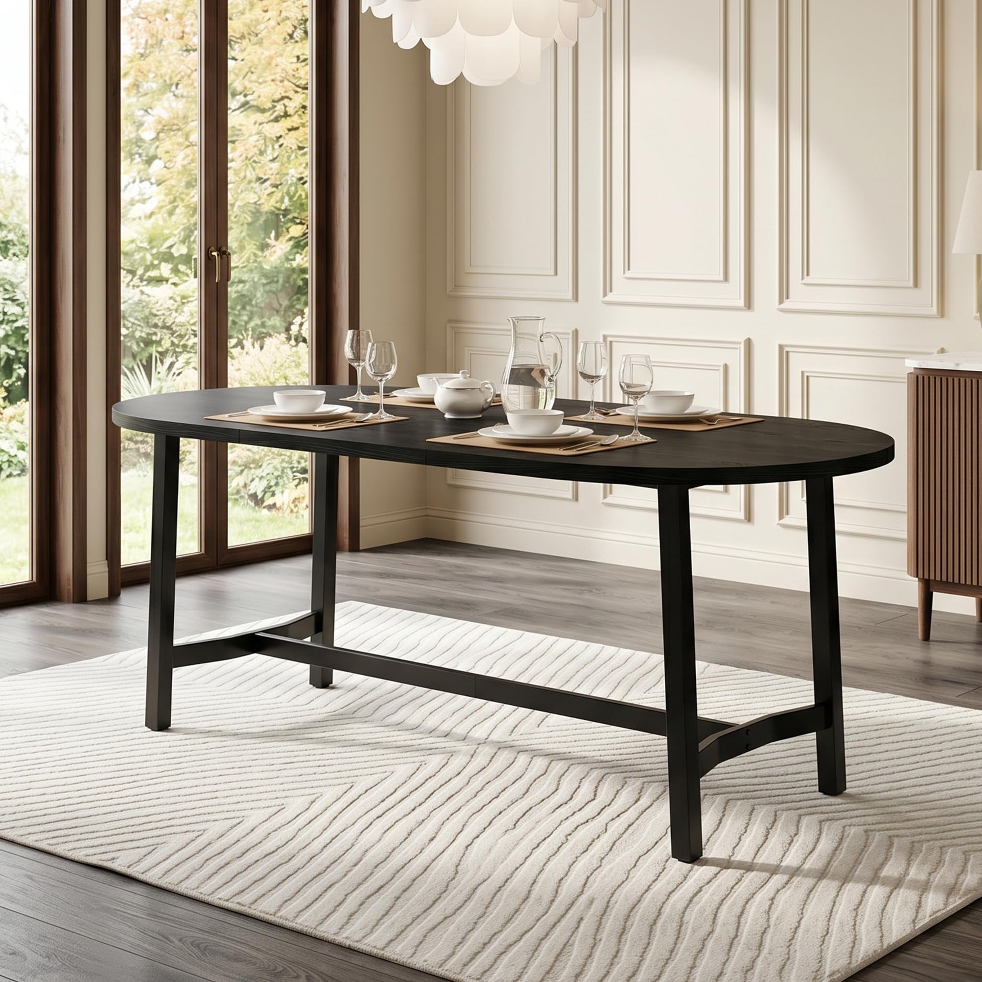 SACOOL Tavolo da pranzo, 180 x 80 x 75 cm, per 6-8 persone, angoli arrotondati, stile semplice, gambe in ferro, nero