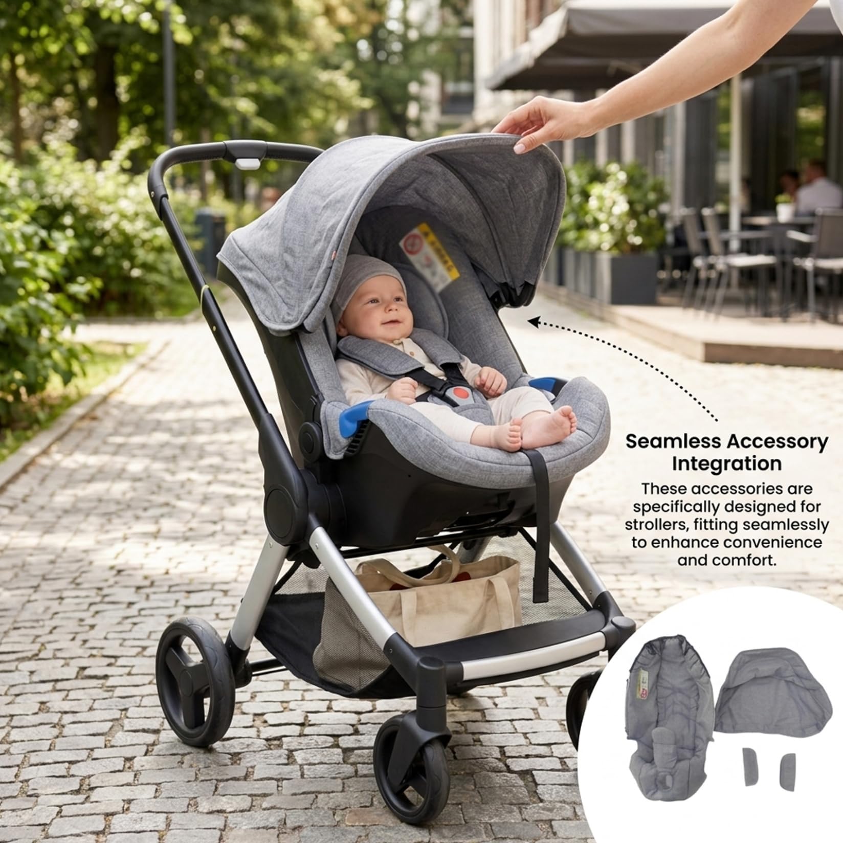 Juego de funda para el asiento y capota de cochecito con mosquitera, funda para la lluvia, bolsa de almacenamiento y fundas para las ruedas;accesorios para cochecito que ofrecen mayor comodidad; gris