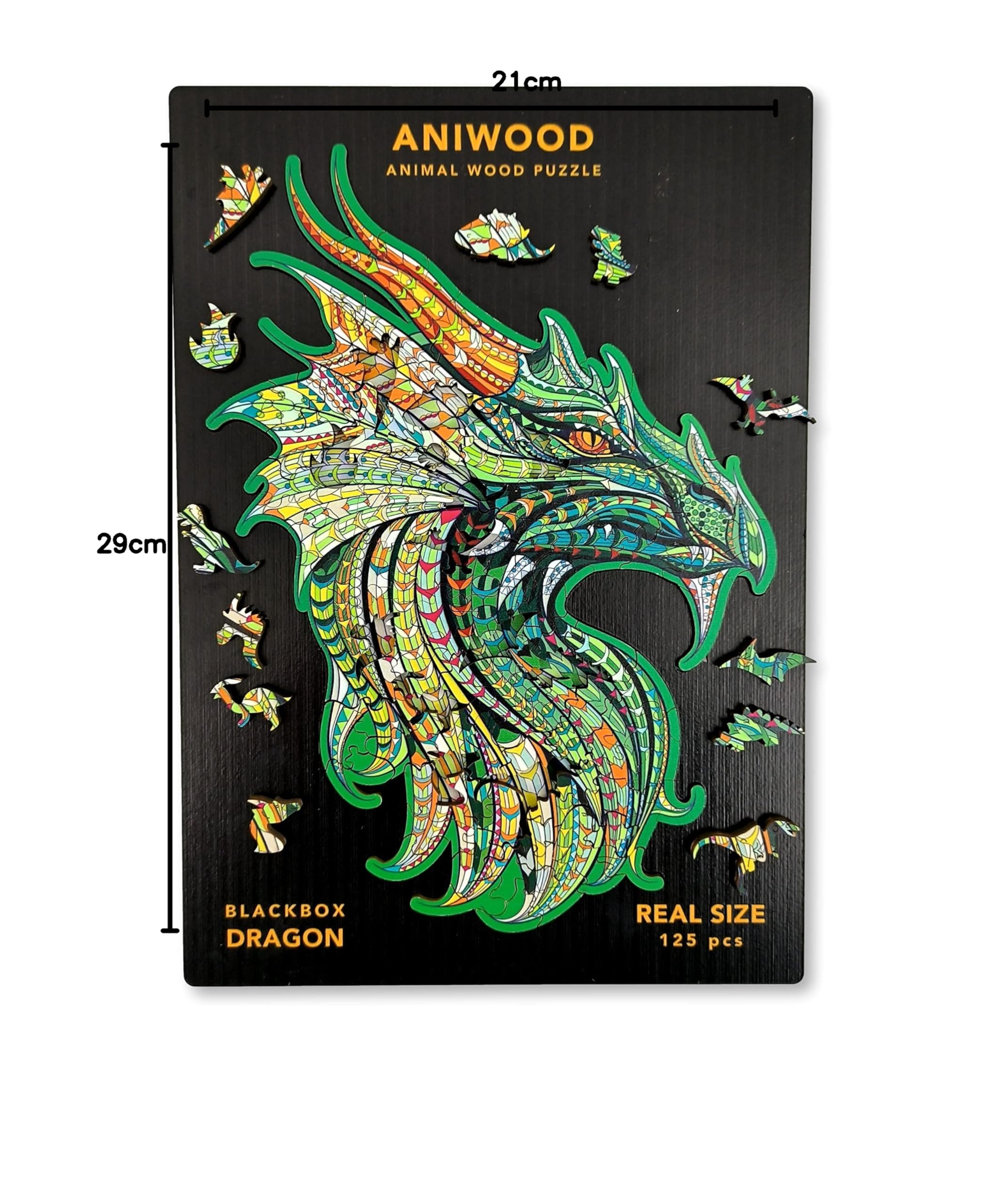 Aniwood drewniane puzzle w kształcie zwierząt Wieczko z wytłoczeniem w rozmiarze puzzli Zawiera unikalne elementy z kształtami zwierząt (rozmiar M, smok)