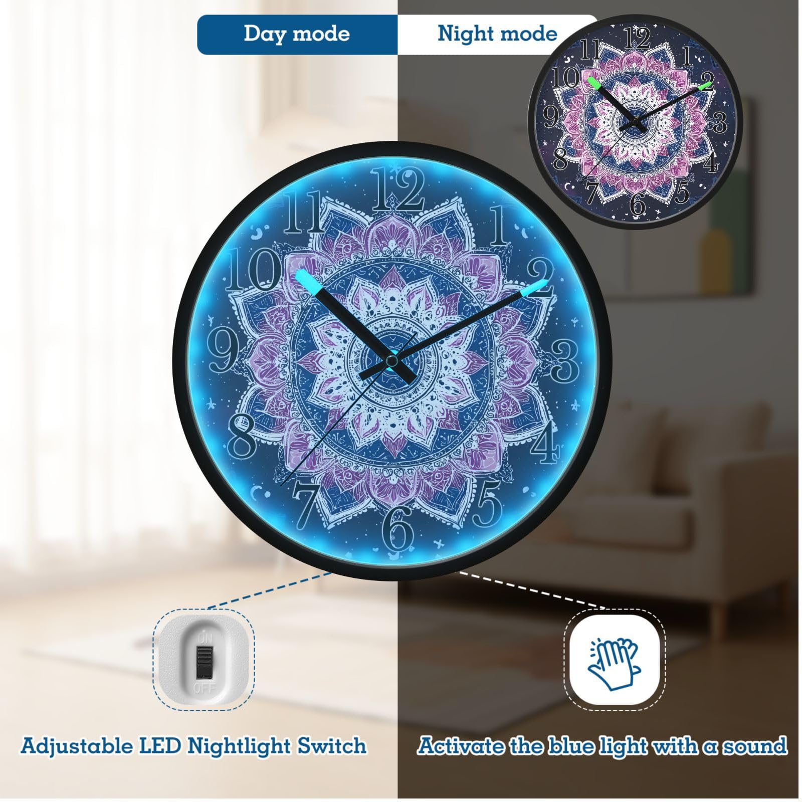 Mnsruu Reloj de pared luminoso con diseño de mandala, luna oscura, reloj de pared que brilla en la oscuridad, funciona con pilas, silencioso, sin tictac, luz nocturna para dormitorio
