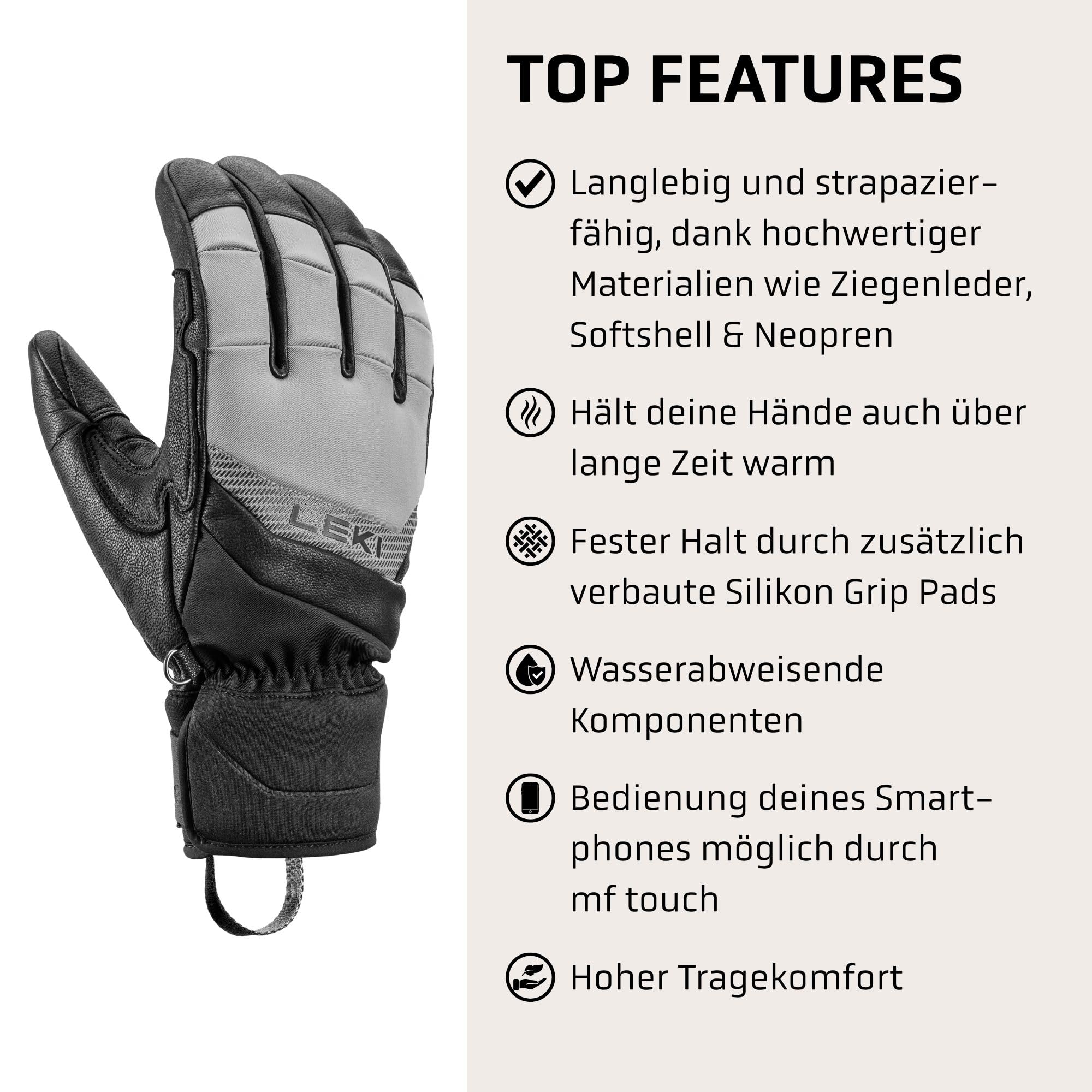 LEKI Griffin Base Zero - Guantes de esquí para Hombre, Resistentes al Agua, cálidos Guantes de Invierno de Softshell, Neopreno y Piel de Cabra