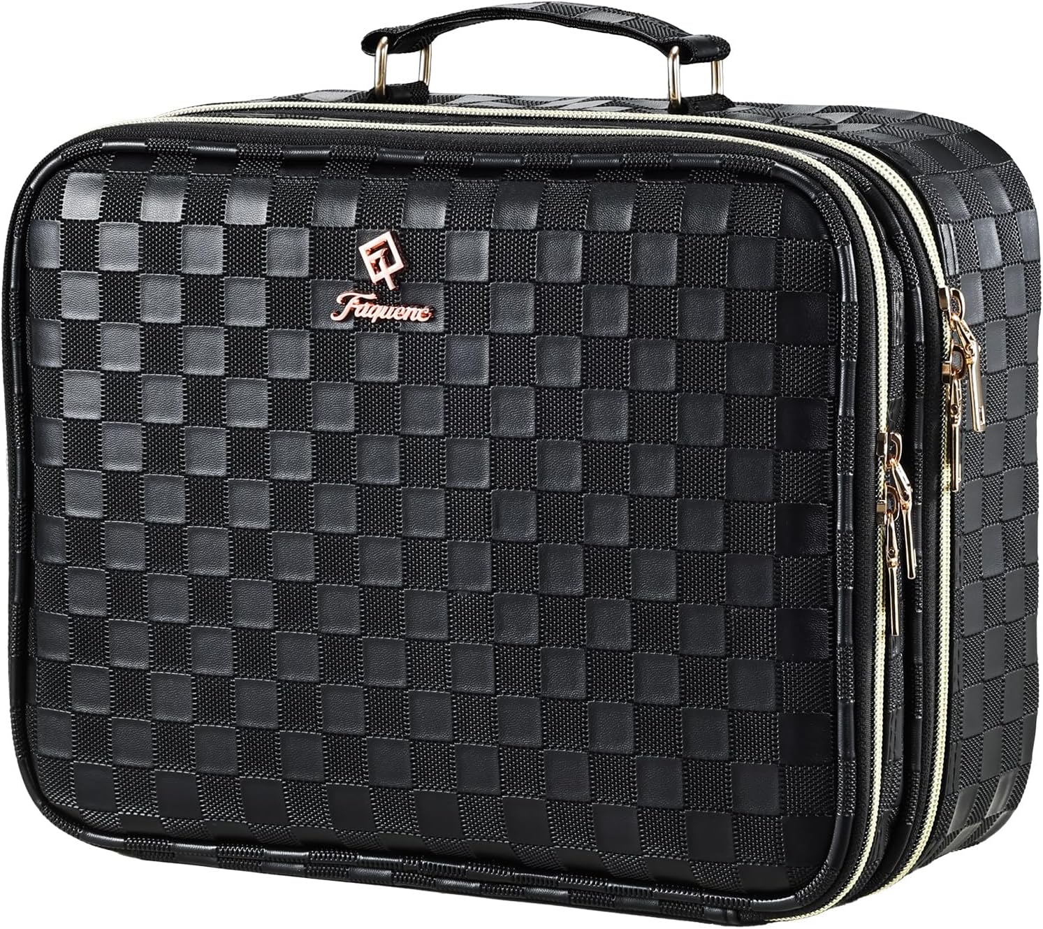 Makeup Bag with LED Lighted Mirror 12.2 IN Travel Double Layer Makeup Case Adjustable Brightness in 3 Colors Cosmetic Organizer Artist Storage with Dividers Brush Holder Vanity Black Checkerboard