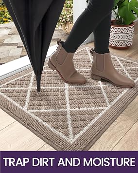 DEXI Front Door Mat Indoor Entryway 17x30 Inside Entrance Doormat Beige | Non Slip Low Profile Thin Absorbent Washable Entry Mats for House Floor, Garage, Patio