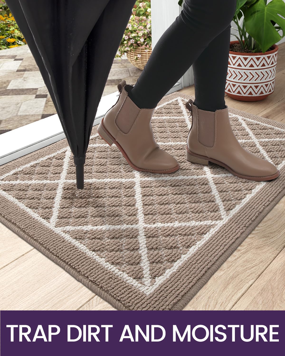 DEXI - Zerbino per porta d’ingresso, 43 x 76,2 cm, antiscivolo, assorbente, a basso profilo, sottile, lavabile, per ingresso interno, garage e patio, beige