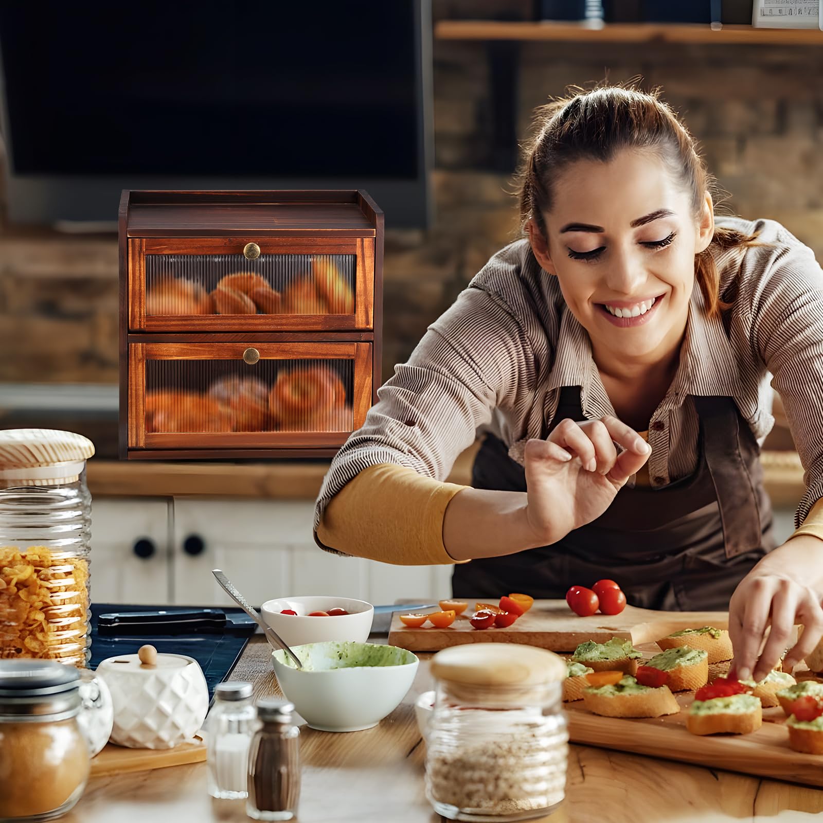 Contenitore per il Pane Doppio Strato per il Piano di Lavoro della Cucina, Portapane in Legno con Finestre, Scatola per Alimenti Secchi con Prese D'aria per Mantenere il Pane Fresco(Marrone)