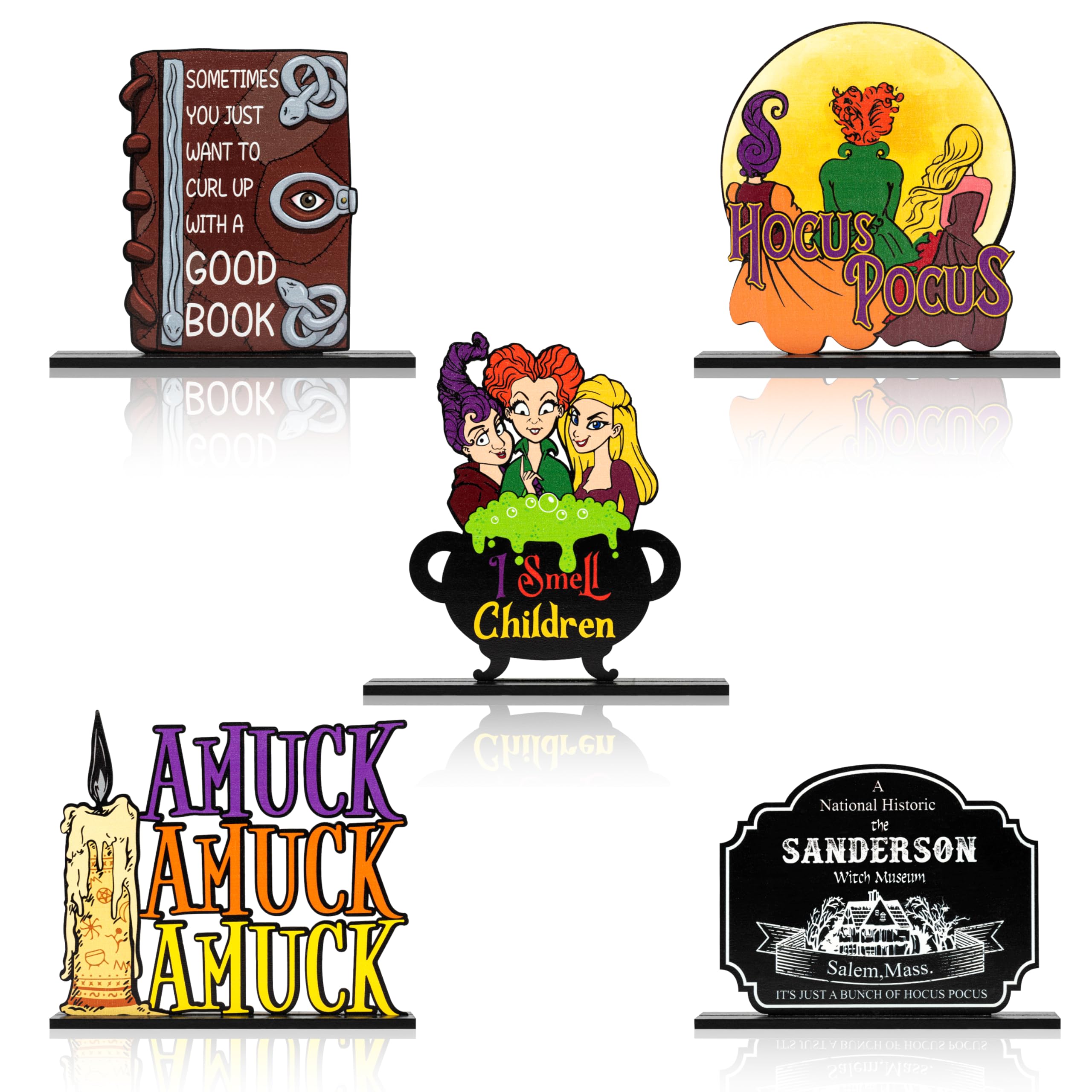 5Pcs Halloween Hocus Pocus Wooden Table Centerpiece Decorations, Halloween Sanderson Sisters Table Topper Centerpieces Witch Character Table Sign for Halloween Party Supplies Gifts Home Decor