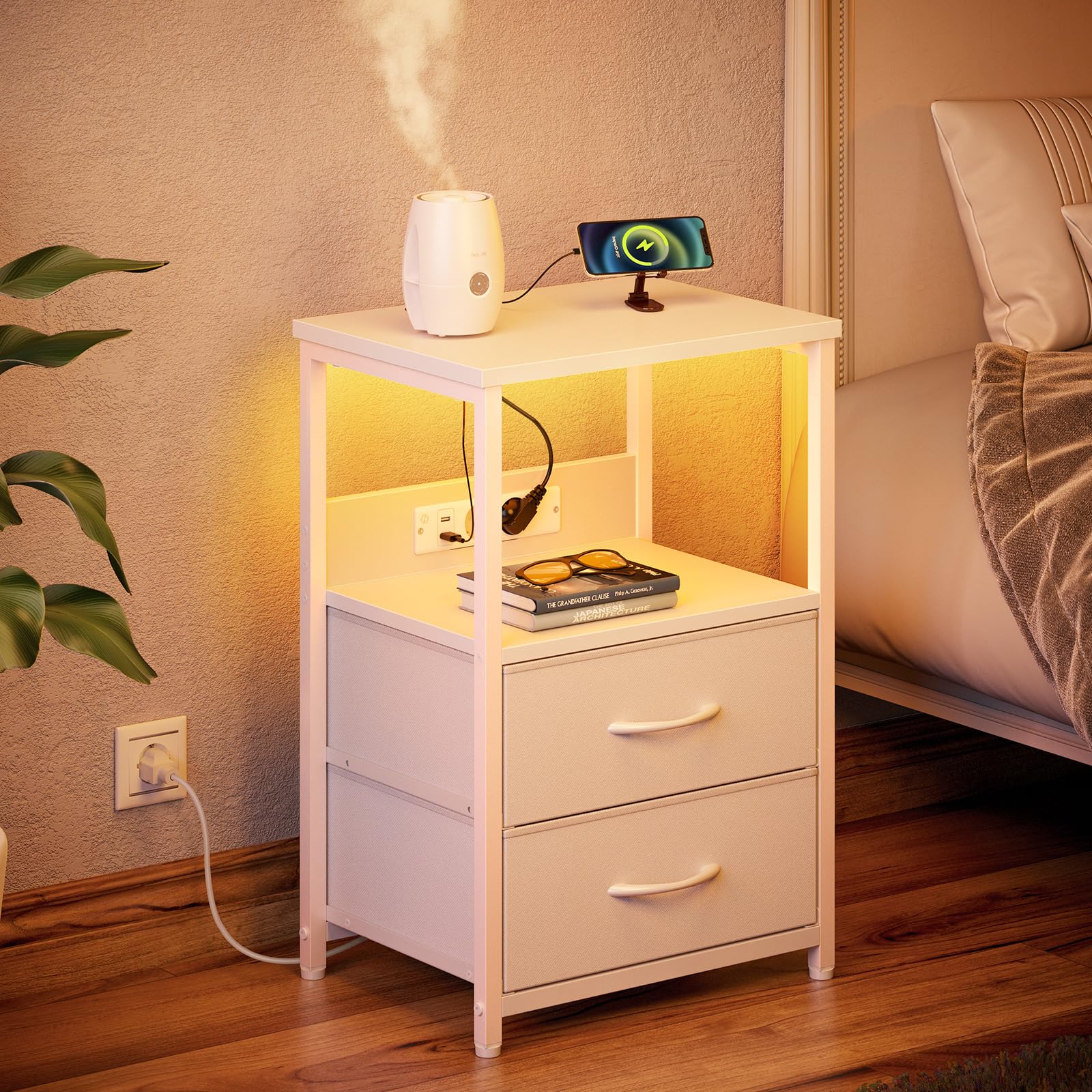Rolanstar Table de Chevet Moderne avec LED, Prise et USB, 2 Tiroirs de Rangement, Table de Nuit Idéale pour Chambre, Salon ou Bureau – Blanc, 1 Pièce