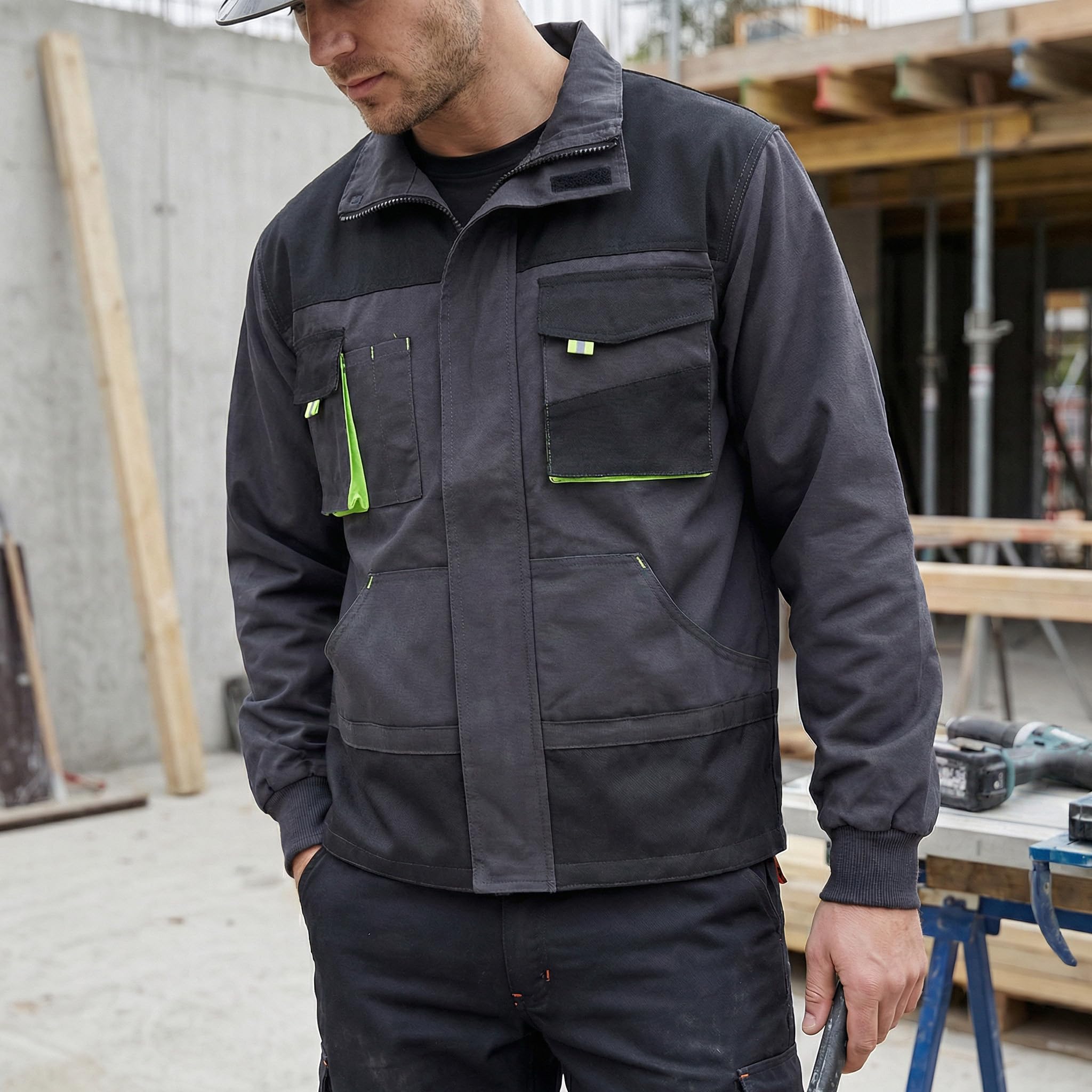 Stenso Kastor Arbeitsjacke Herren 600D Verstärkt 600D-Polyester Teile | Arbeitsjacke Herren mit 600D Verstärkungen zwei Brusttaschen Klettverschluss elastischen Bündchen 600D-Polyester Teile
