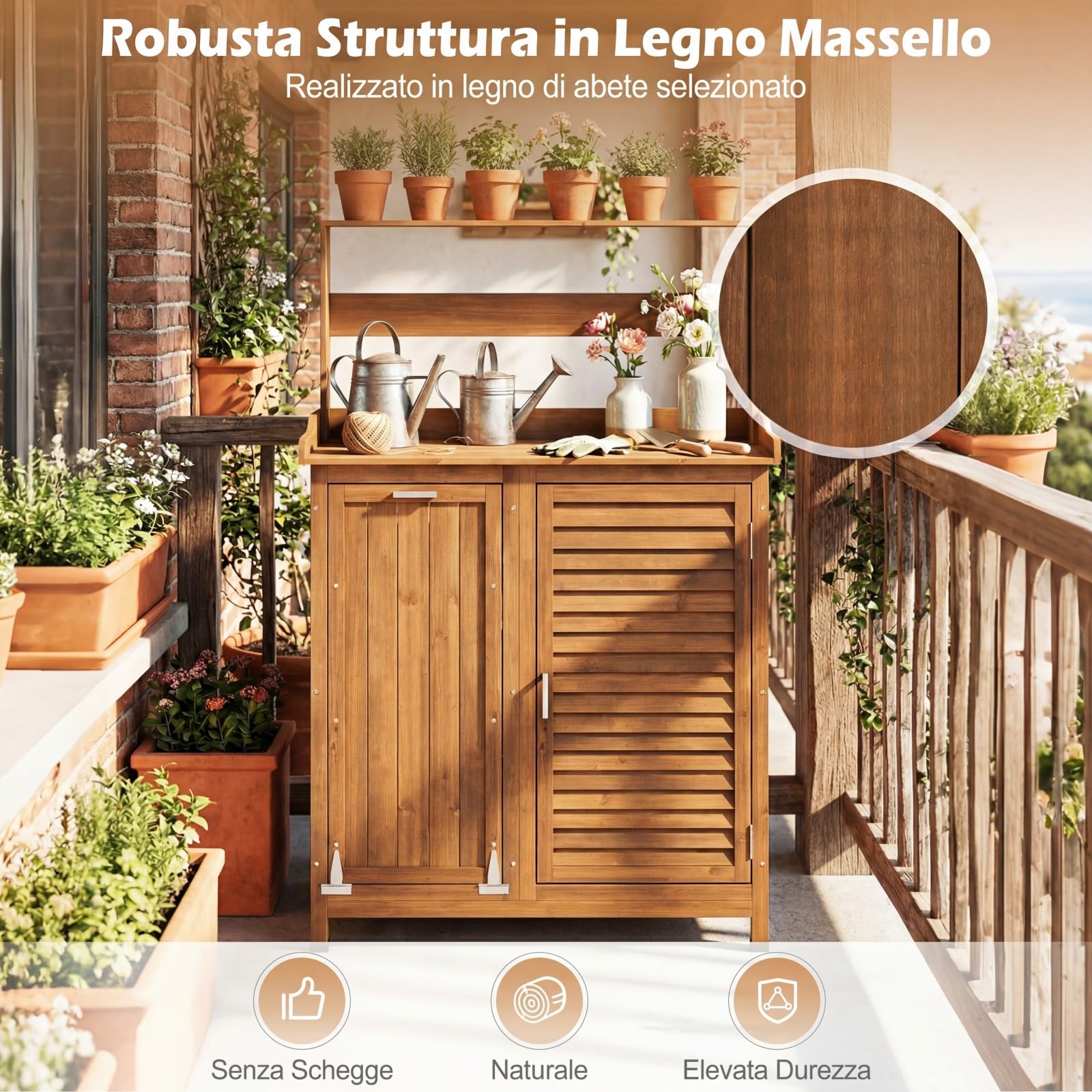 COSTWAY Tavolo da Giardinaggio, Armadietto da Esterno in Legno Massello con Ripostiglio, Ripiani Rimovibili e 2 Ante, Tavolo da Lavoro per Piante da Giardino, Prato e Cortile