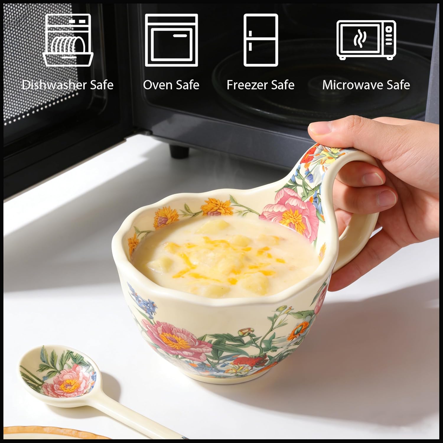 16-Ounce Microwave-Safe Soup Bowl with Loop Handle - Hand-Painted Decorative Soup Mug with Spoon - Oven-Safe Cereal Bowl for Ice Cream, Stew, Snacks, and Fruit (Blossoms)