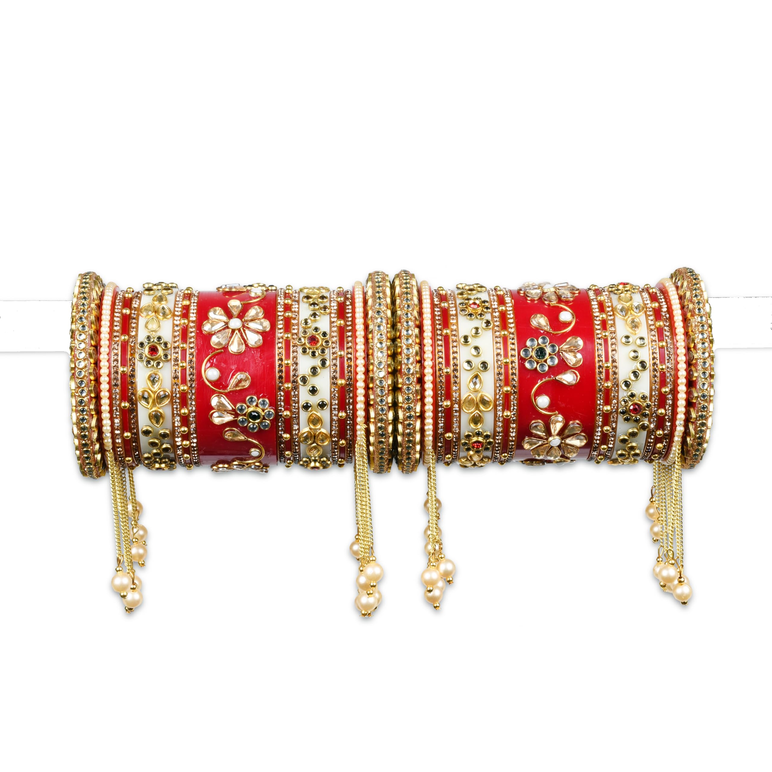 Bridal Chura Bangles Set – 38 Pcs Kundan Meena Handwork, Kada & Pearl Latkan, Multi-Color Wedding & Festival Bangles-image-19
