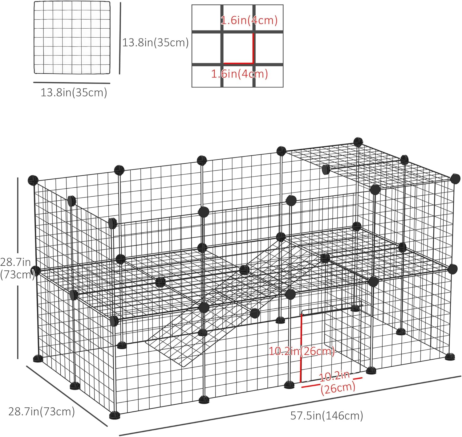 Diagram showing the overall dimensions of the assembled PawHut Pet Playpen: 57.5 inches length, 28.7 inches width, and 28.7 inches height, with individual panel dimensions of 13.8 inches.