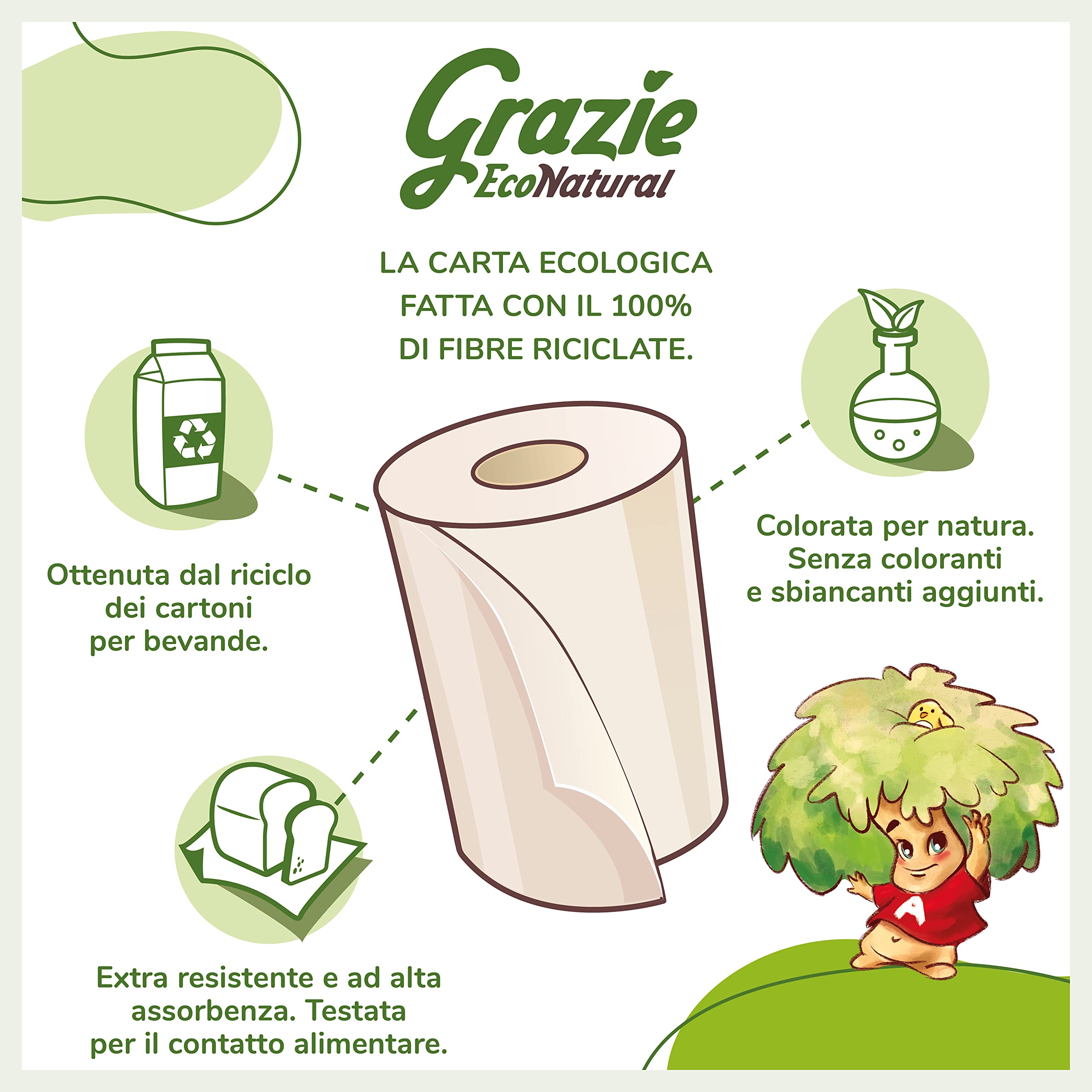 Grazie Natural, Asciugatutto 24 Rotoli, Bobina di Carta Assorbente Realizzata con Carta 100% Riciclata Fiberpack, Certificata Ecolabel e FSC Recycled, Made in Italy