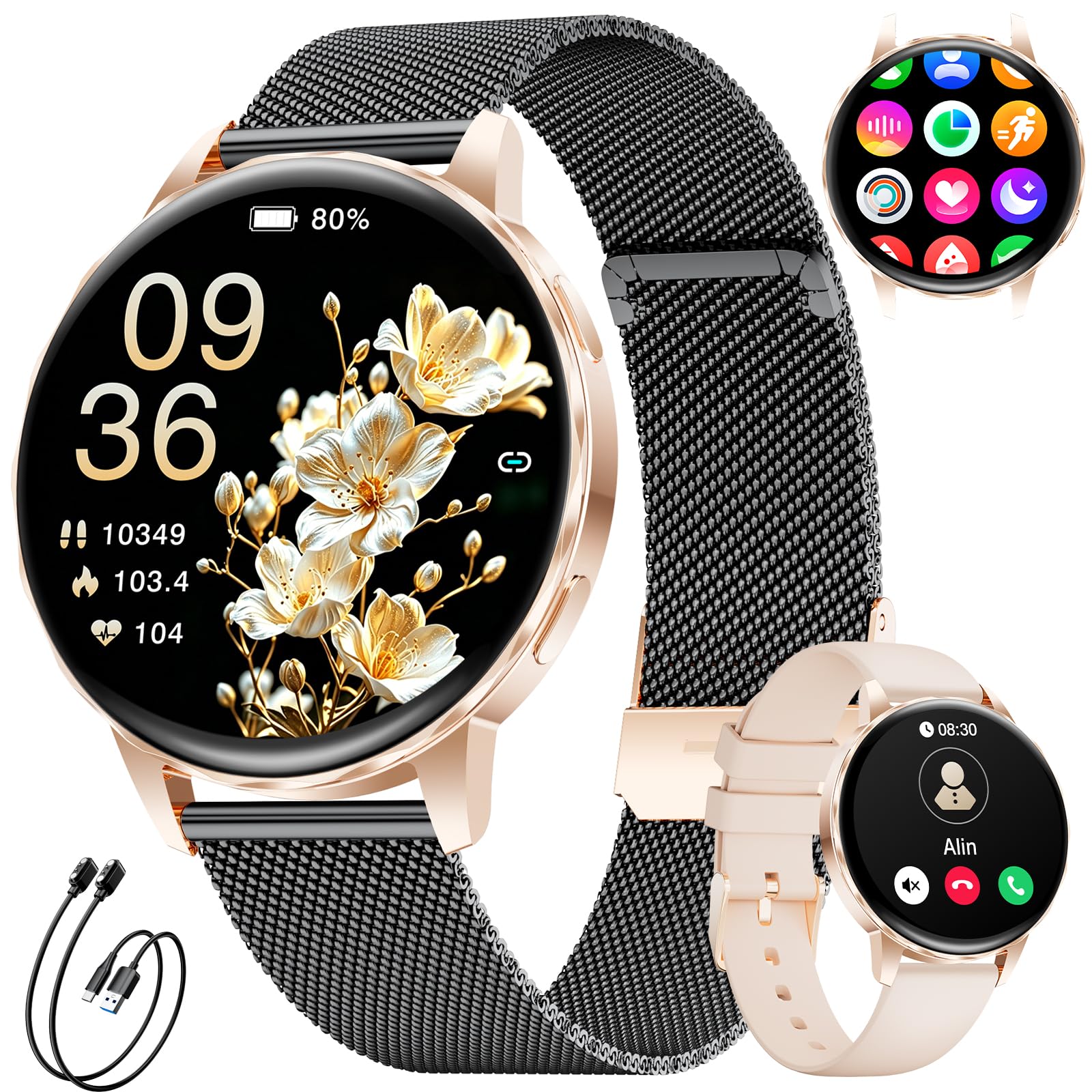 Montre connectée Femme 1.27" Appel Bluetooth Elegant Smartwatch Santé Féminine Fréquence Cardiaque Sommeil Montre Fitness,Podomètre,Calories,100+ Mode Sport,2 Chargeurs,Or Noir Mesh