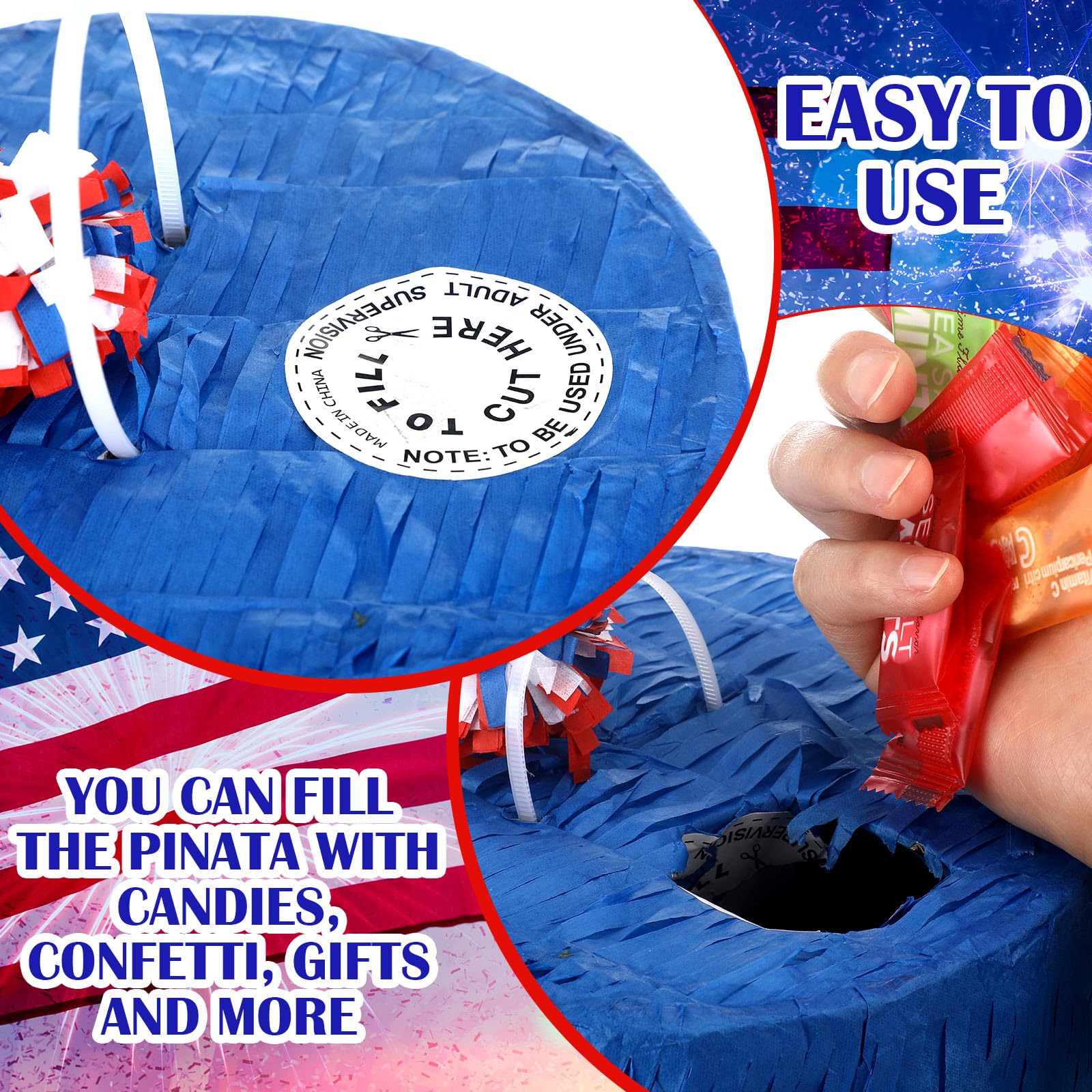 Piñata patriótica de petardo del 4 de julio de 17 pulgadas, Día de la Independencia, piñata roja, blanca y azul con palo y confeti para niños y adultos, decoración de fiesta del Día de los