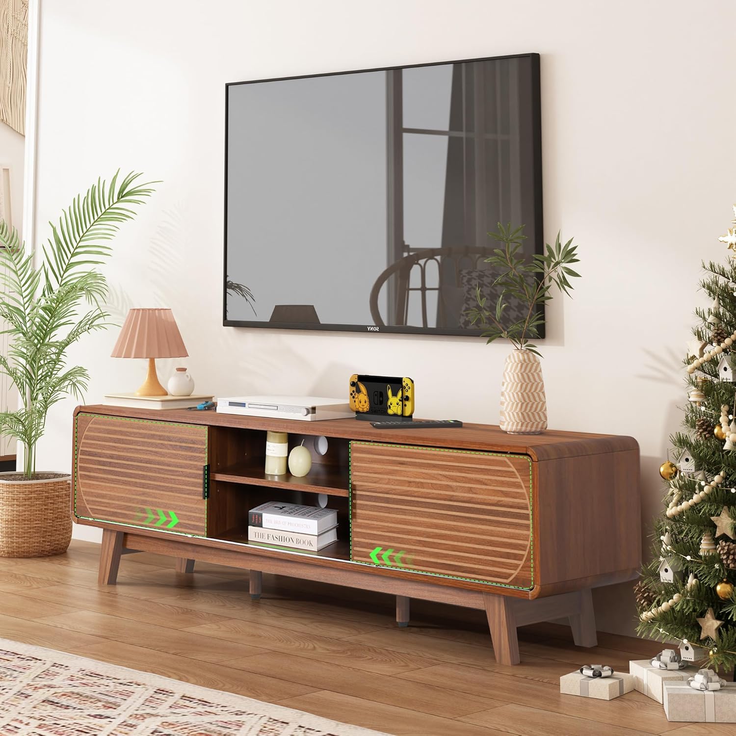 Janmer Home Mid Century Modern TV Stand for 55/60/65 Inch TV, 63" TV Console Table with Fluted Sliding Doors, Entertainment Center and Media Console Cabinet with Storage for Living Room (Walnut)