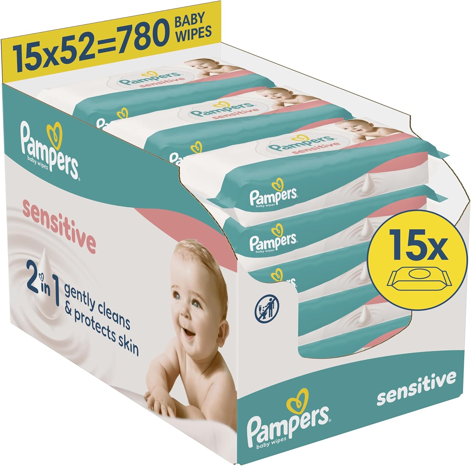 Pampers Sensitive Baby Wipes Plastic Free, 1 Pack of 52 Wipes = 780 Baby Wet Wipes, 2 in 1 Gently Cleans & Protects Skin