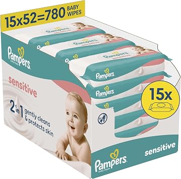 Pampers Sensitive Baby Wipes Plastic Free, 1 Pack of 52 Wipes = 780 Baby Wet Wipes, 2 in 1 Gently Cleans & Protects Skin