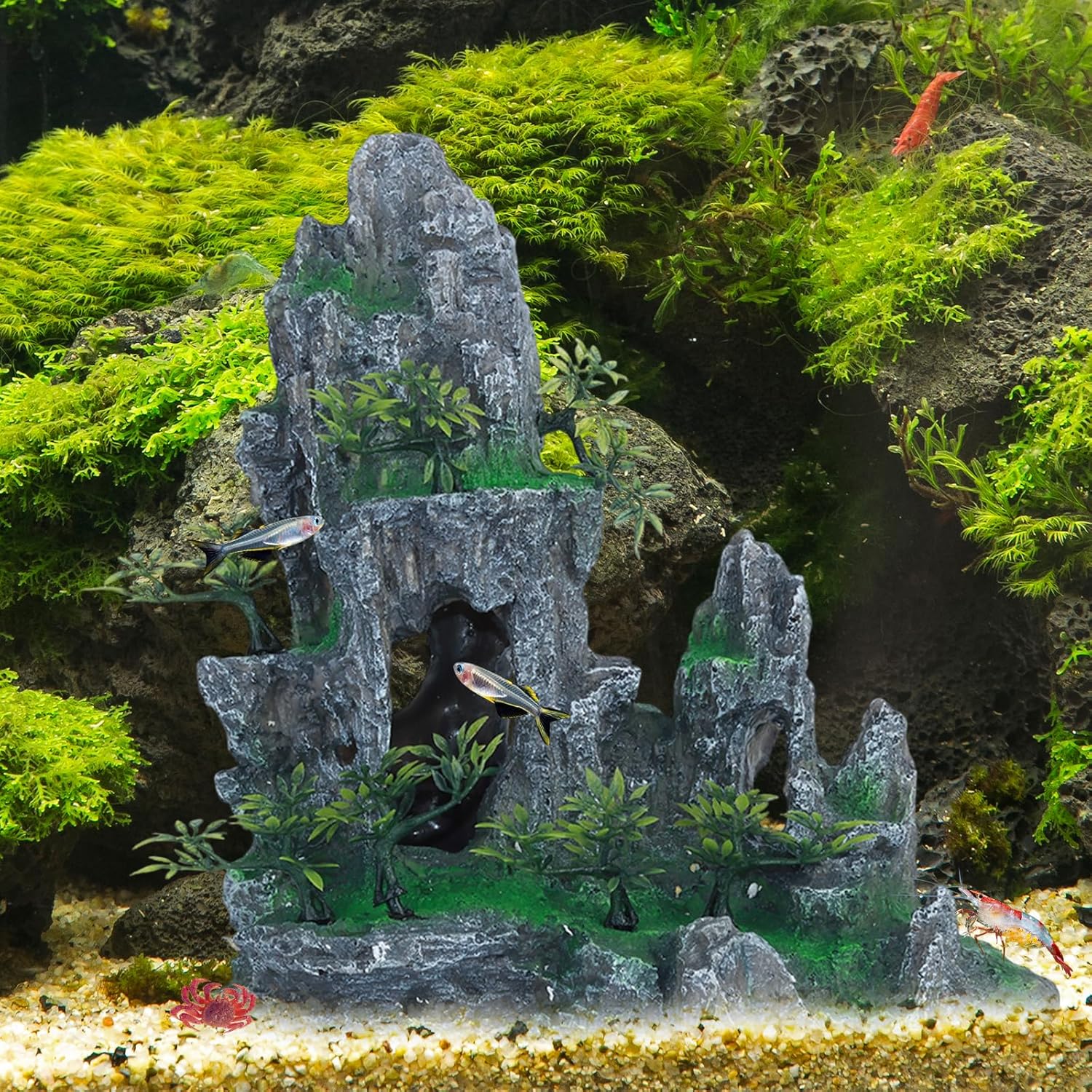 Saim Extra Large Aquarium Decorations, Resin Castle and Artificial Rock with Plants (Ancient Temple with Mountain) Fish Hideout Cave for Amano Shrimp Cichlid to Play, Hide and Rest Hardscape