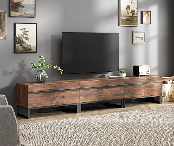 Wampat 3 in 1 Modern TV Stand for Up to 110 inch TVs, Wood Entertainment Center with Storage Cabinets and Metal Base, Living Room Media Console, Brown