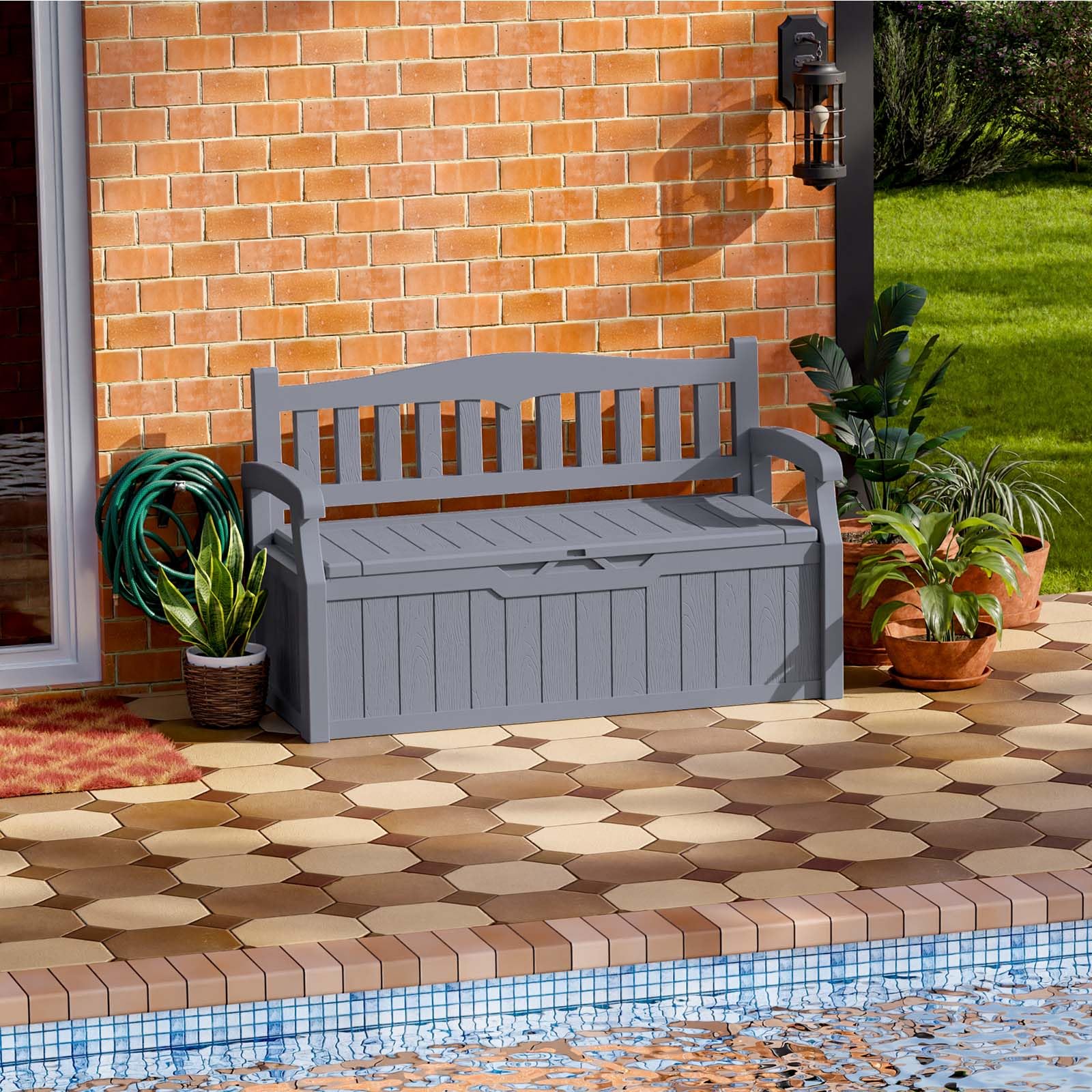 Patiowell 75 Gallon Plastic Storage Bench, Water-Resistant Deck Box for Patio Furniture, Garden Tools, Pool Storage and Outdoor Cushions, Grey
