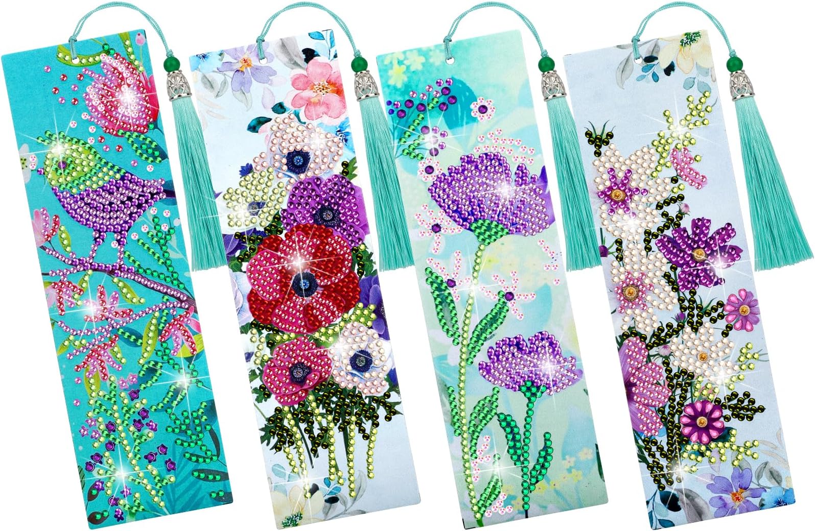 EEEKit Diamond Art Bookmarks, 4PCS 5D DIY Diamonds Painting Bookmarks Kit with Tassels for Women Gifts