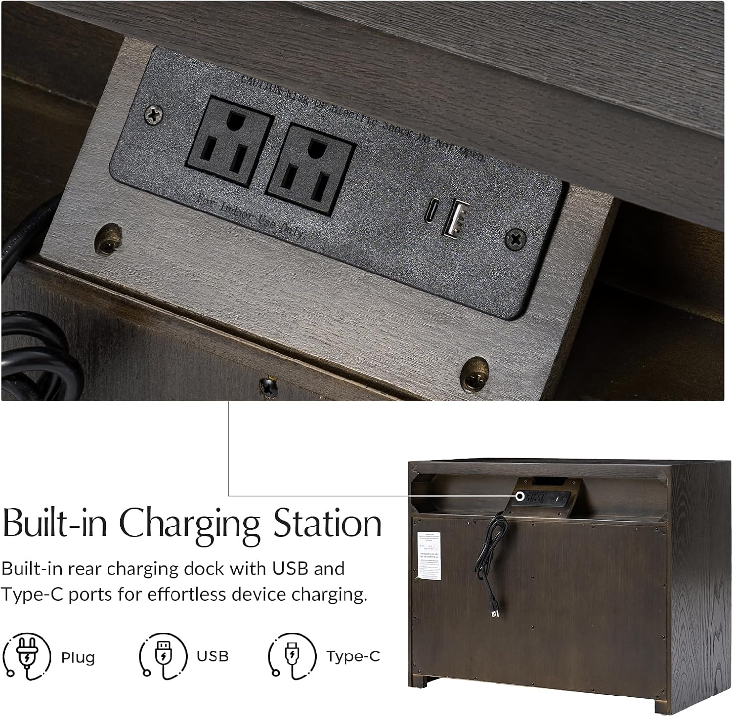 HULALA HOME Solid Wood Nightstand Set of 2 with Soft Fabric-Lined Top Drawer, 3 Drawer and Metal Knobs Bedside Tables, Contemporary Geometric Night Stand with Charging Station, Black